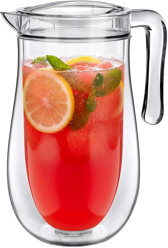 EverChill - Jarra aislada de plástico (64 oz, 2 cuartos), jarra de agua transparente de doble pared con tapa, jarra para refrigerador, sin BPA, inastillable, preparación de bebidas heladas sin dilución