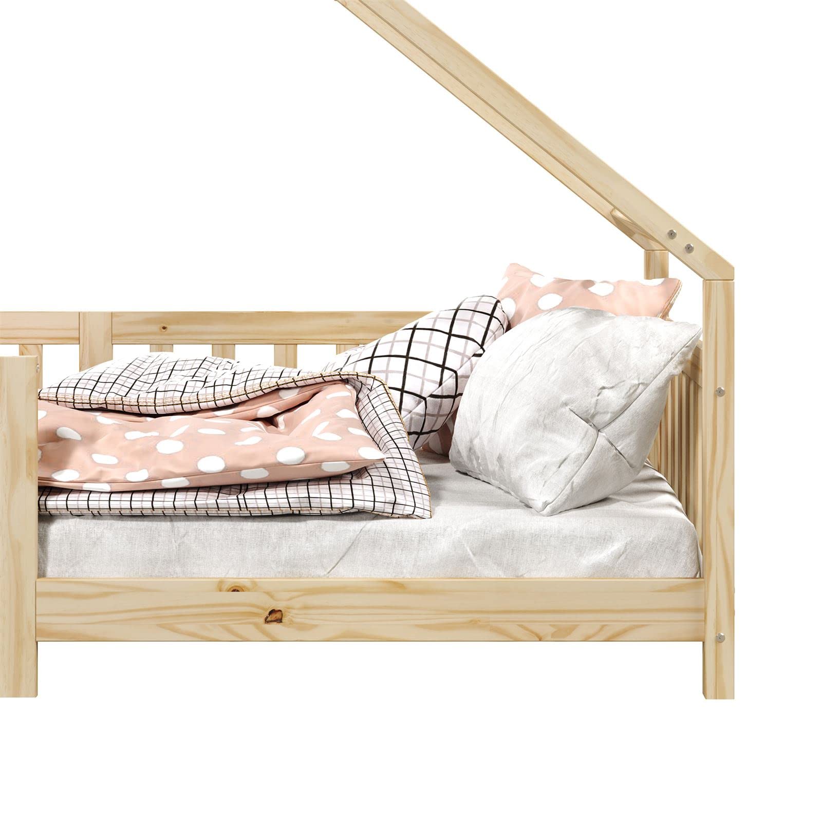 IDIMEX Hausbett CORA 90x200 cm, Natur - Kinderbett mit Rausfallschutz aus Massivholz, Montessori Bodenbett, Holzbett für Jungen und Mädchen