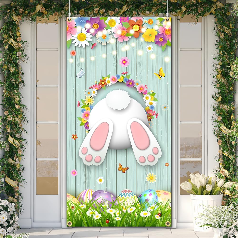 Happy Easter Door Cover Cute Bunny Door Cover Happy Easter Party Supplies Easter Welcome Door Porch Sign Banner for Spring Easter Holiday Party Decorations
