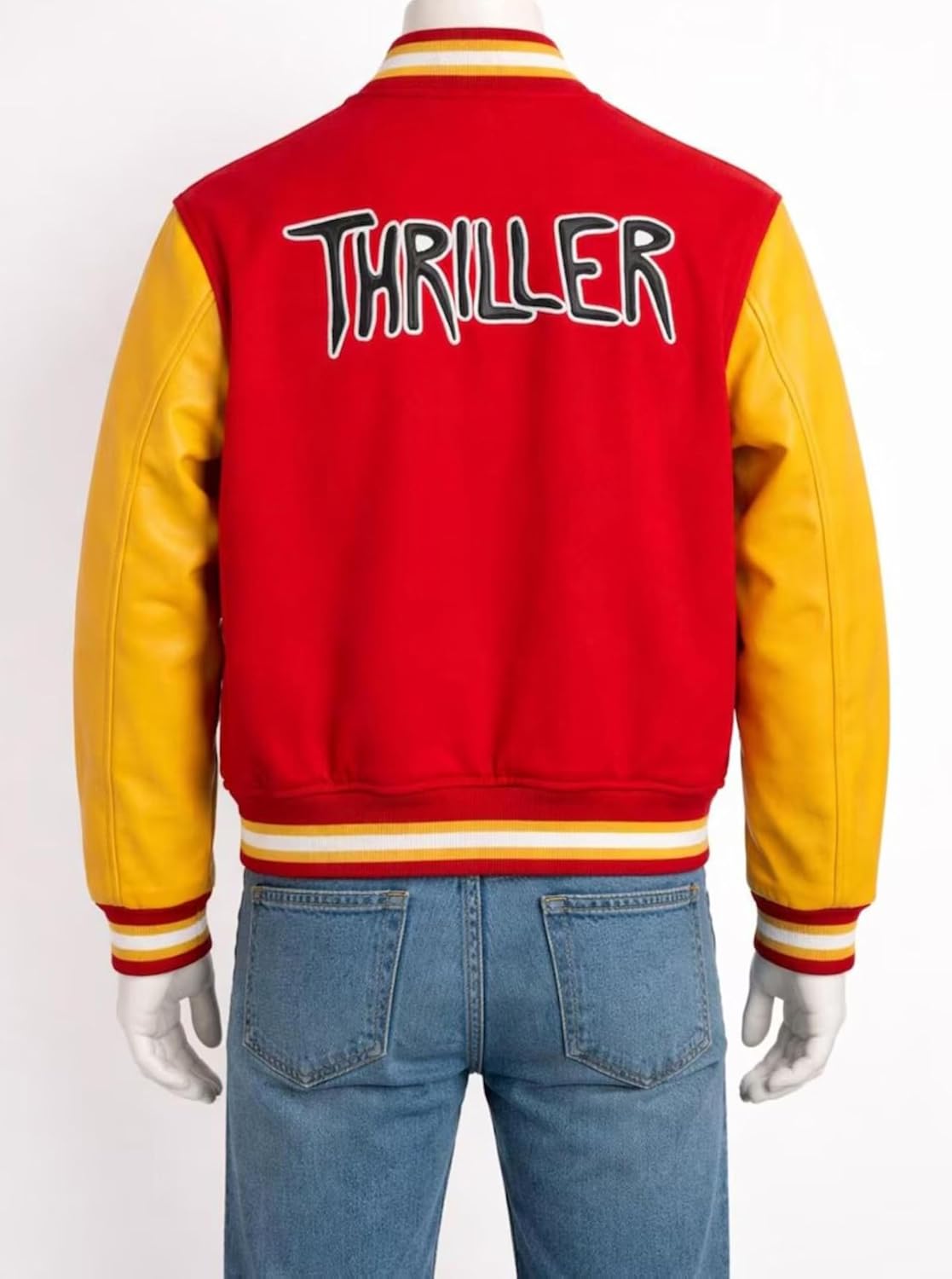 Mens MJ Thrill Red & Yellow Letterman M Logo Varsity Baseball Bomber Jacket
