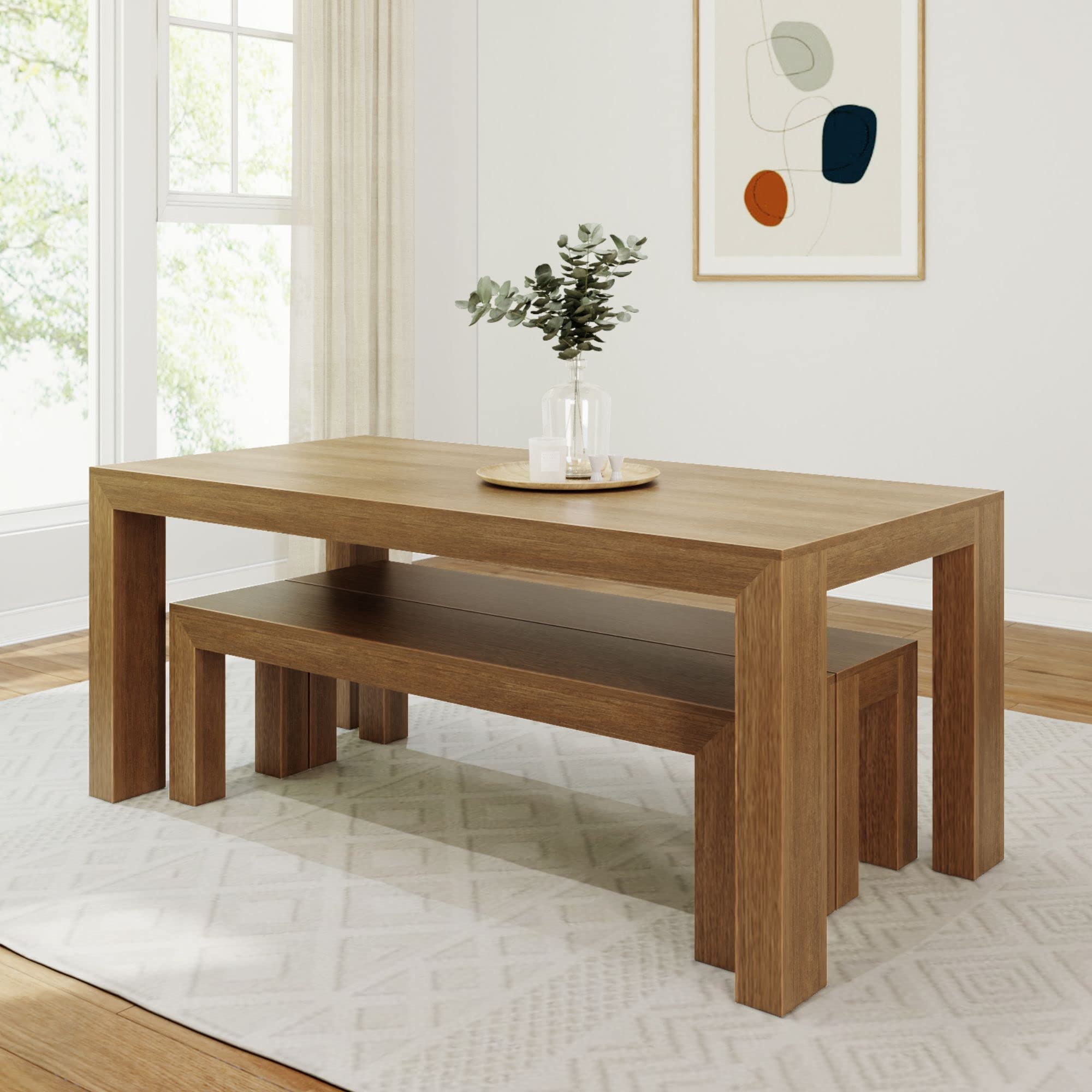 Plank+Beam Modern Dining Table Set with 2 Benches, Pecan Wirebrush