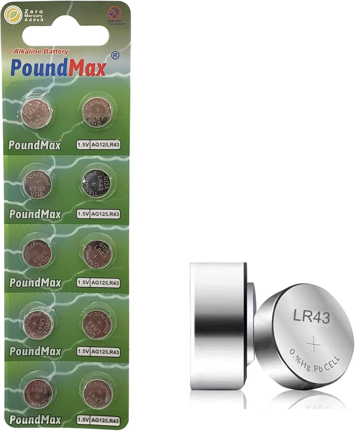 PoundMax AG12 LR43 Batteries 1.5v Alkaline Button Cell