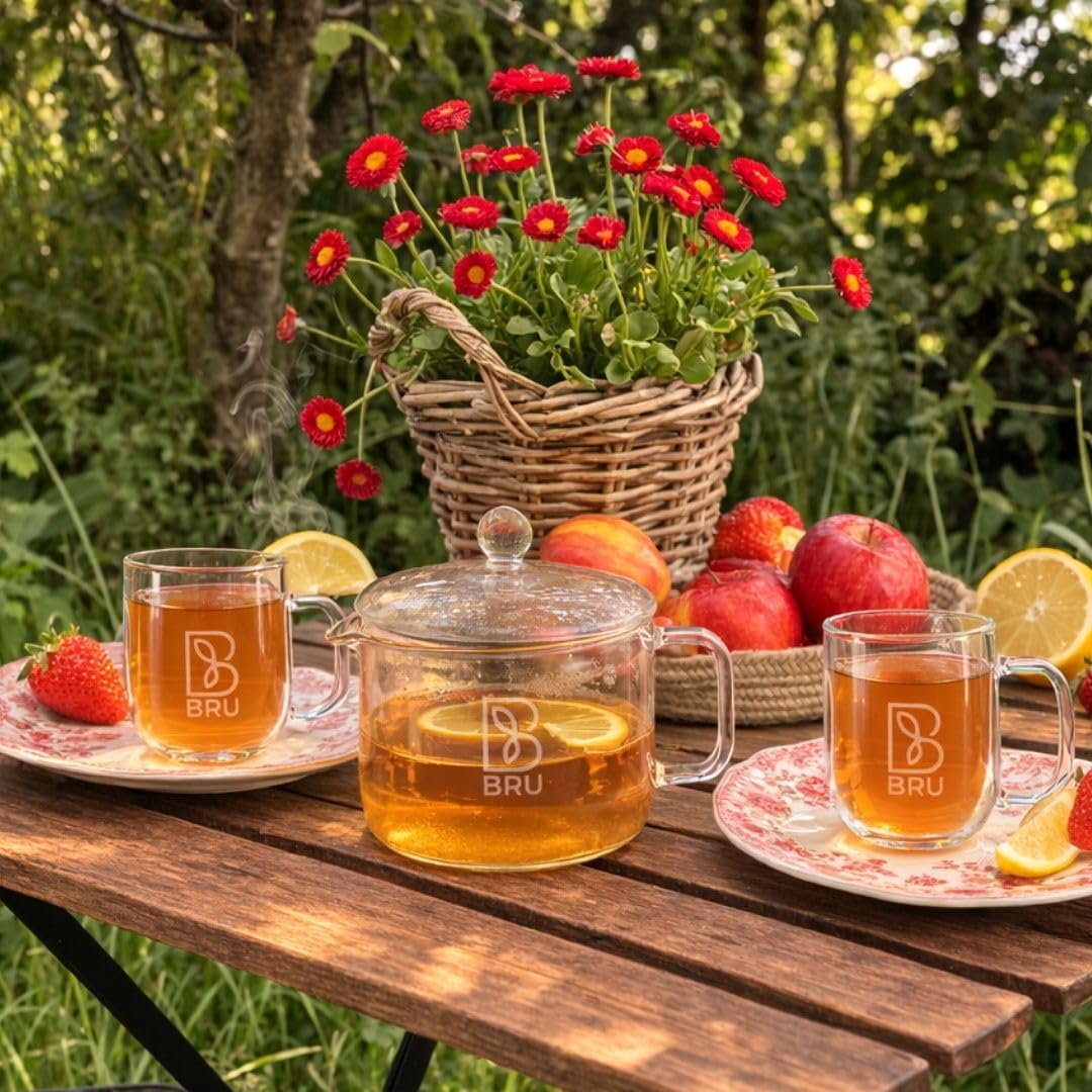 BRU Teekrug 1,4L Borosilikatglas mit Deckel – Handgefertigter Glaskrug mit Anti-Tropf-Ausguss, Spülmaschinenfest, für Tee & Eistee