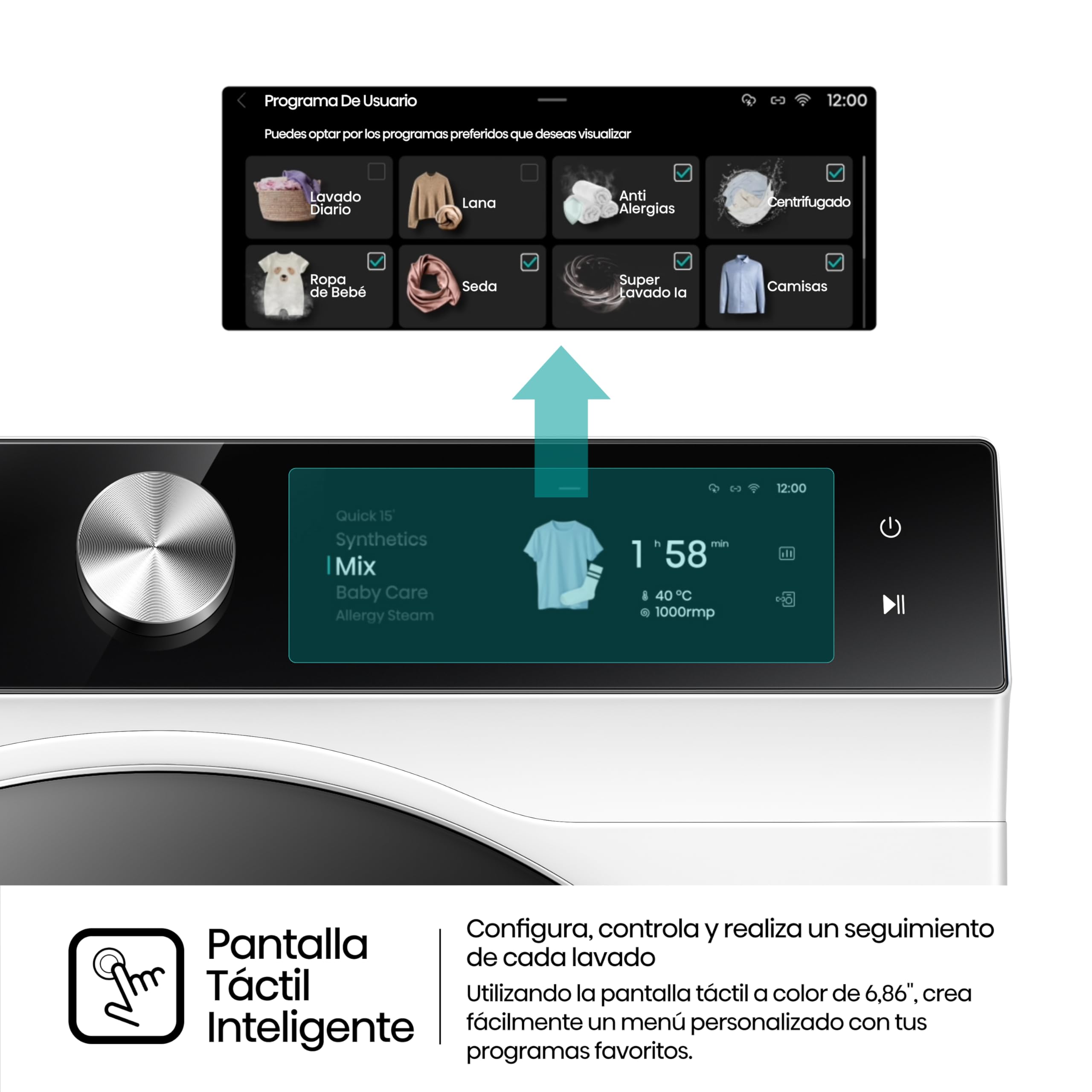 Hisense WF7S1247BW - Lavadora, Clase A, 12 Kg, Pantalla Táctil, Auto Dosificación, Conectividad WiFi, Monitor de Consumo, Lavado Rápido 15', Finalización Diferida, Blanco