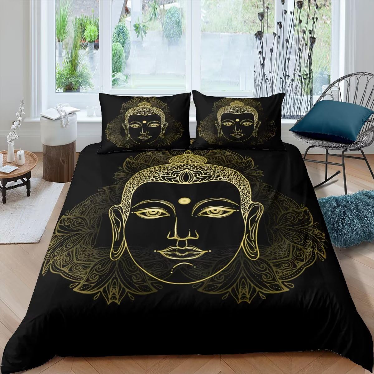LoCzek Buddha zestaw pościeli na łóżko Super King, czarne zestawy poszewek na kołdrę z zamkiem błyskawicznym, łatwa pielęgnacja, luksusowy zestaw pościeli z miękkiej mikrofibry, zawiera 1 poszewkę na