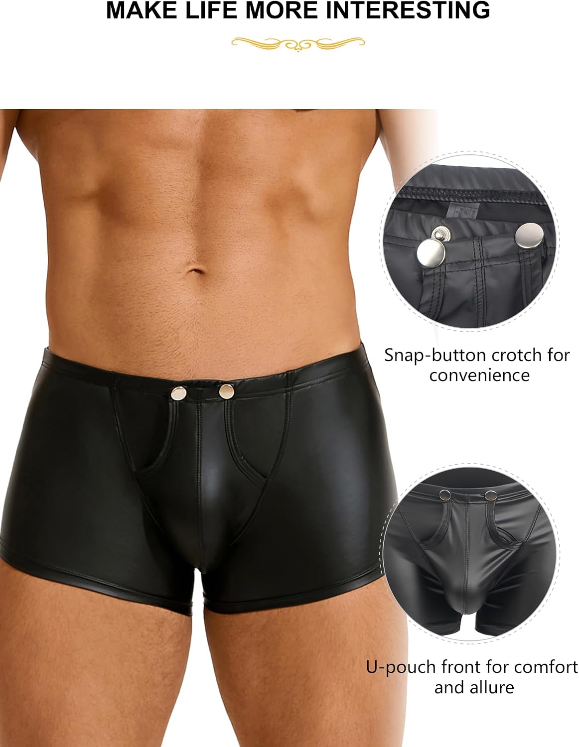 comeondear Men's Leather Underwear Lingerie Boxer Shorts Underwear with Bulge Pouch Briefs Shorts Low Rise Trunks