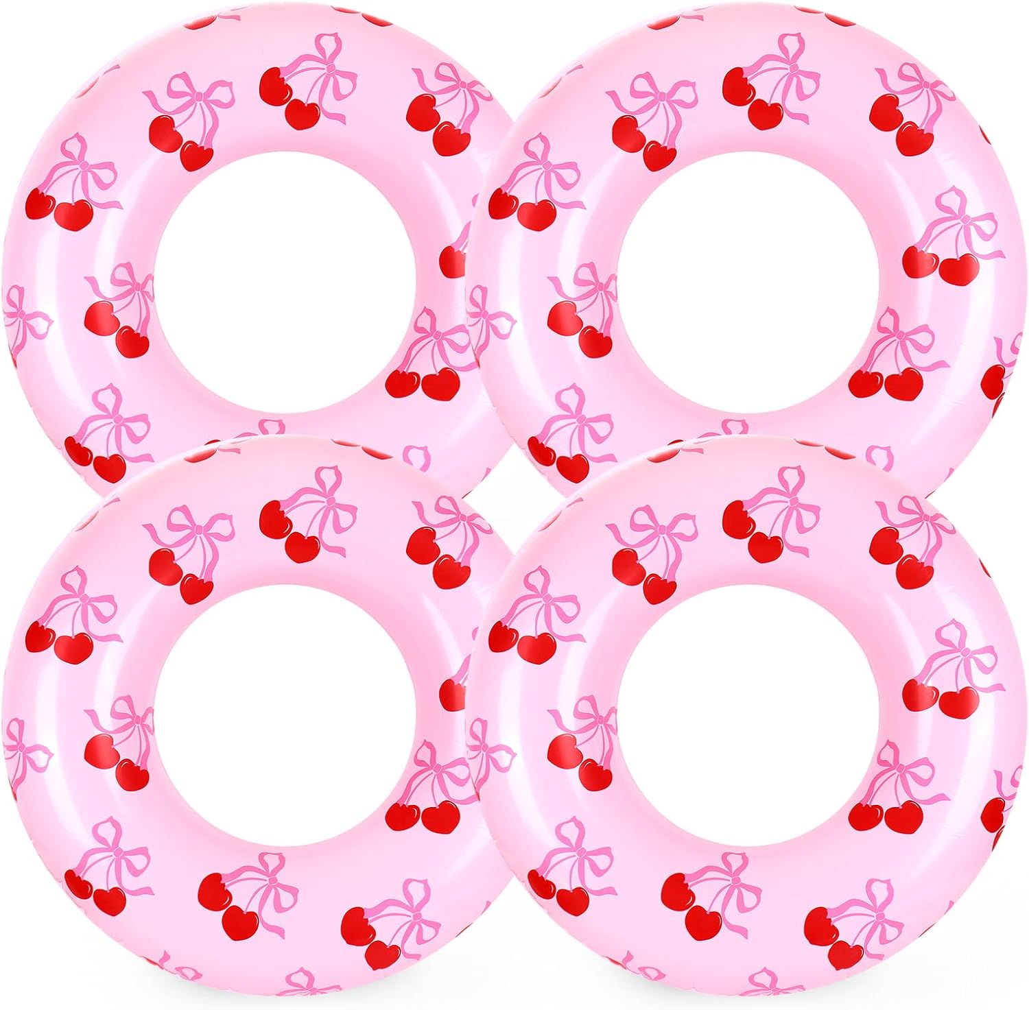 Whaline 4 Pcs Summer Inflatable Swimming Float Toy Swim Ring Pink Cherry Bow Pool Lounger Tube for Teen Boy Girl Swimming Beach Party, 31.5 Inch