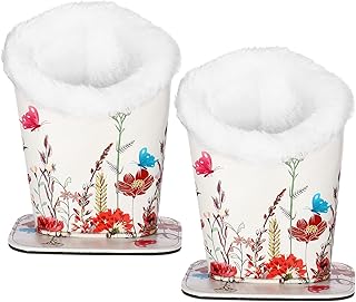 MEGREZ 2PCS Plush Lined Eyeglass Holder, PU Leather Glass Stand with Magnetic-Base, White-Red Flowers