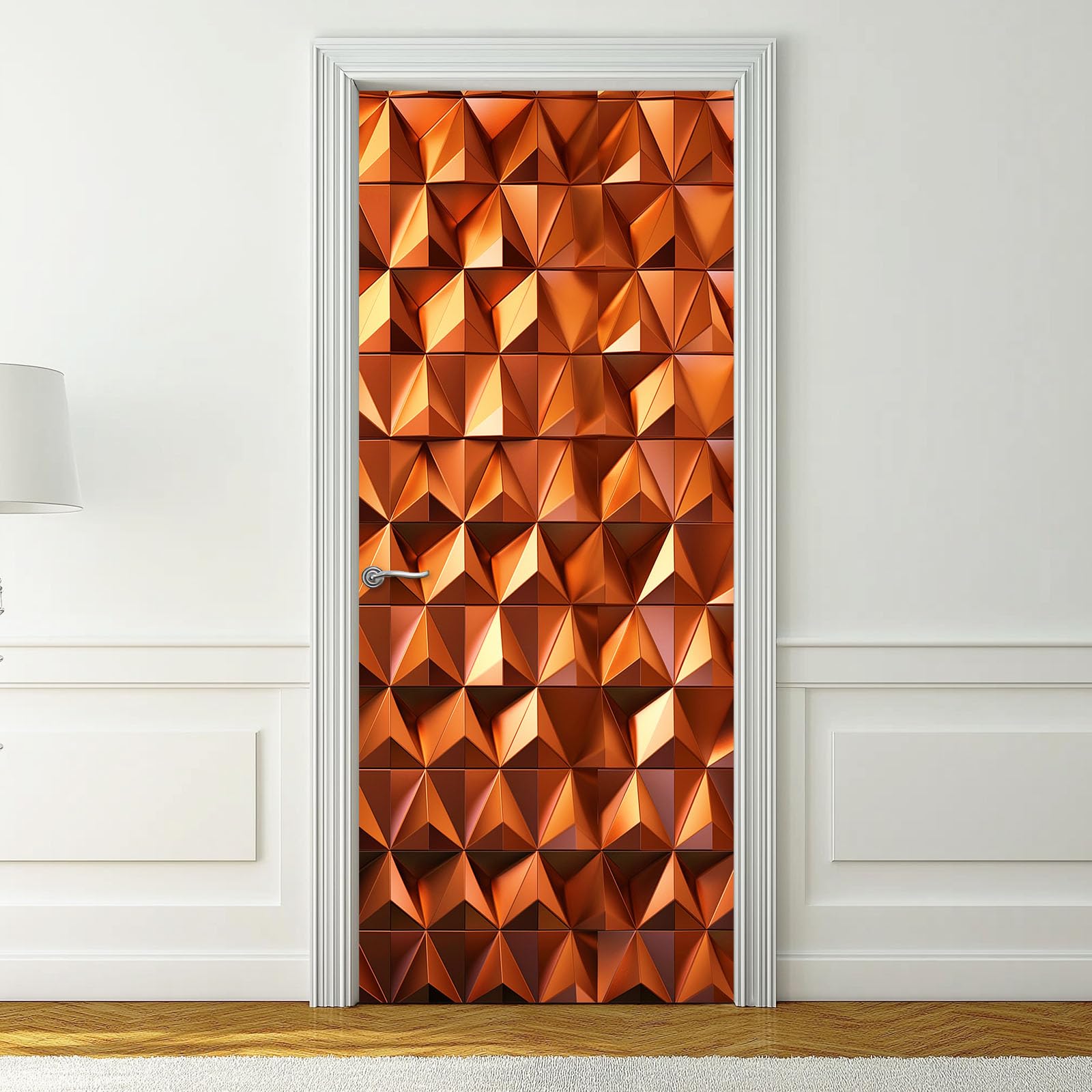 Proste geometryczne fototapety 3D na drzwi, samoprzylepne, metaliczne trójkąty 3D, sztuka, usuwalne murale, naklejki na drzwi, czerwono-brązowe naklejki z PCW do sypialni, łazienki, biura, 95 x 215 cm