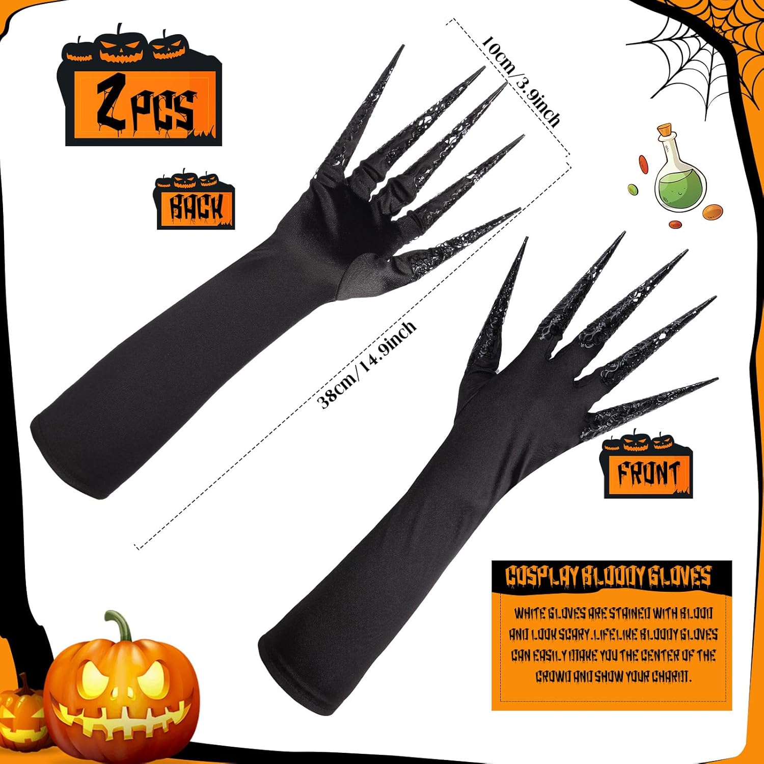 Condition photo showing New/Like New for Suhine 2 Pair Halloween Witch Gloves with Claws Nails Halloween Scary Paw with Glue 15 x 3.9 Inches Black Long Finger Claws