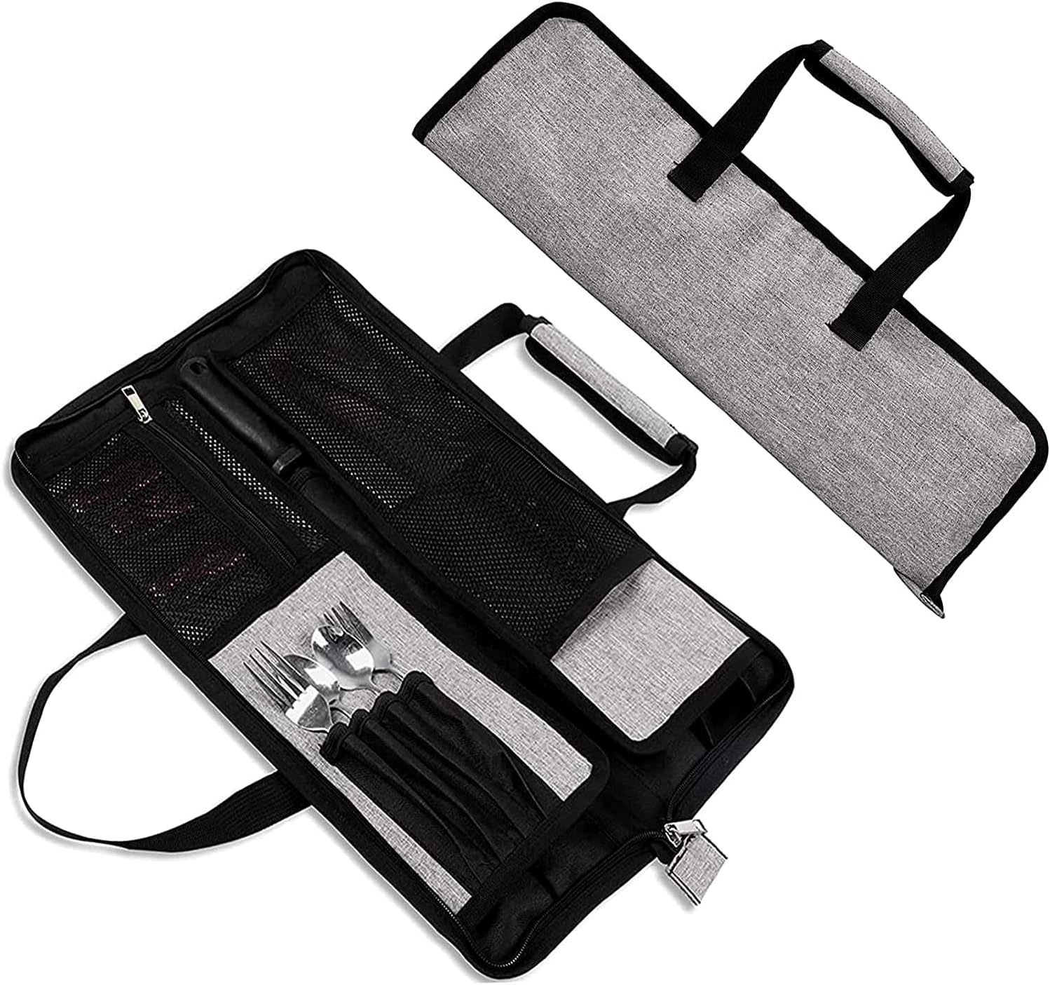 HJSSAA Messertasche leer Kochmessertasche mit Reißverschluss & Tragegriff Messerrolle aus Oxford 13 Fächer Profi Falttasche für Reise & Camping,Grau