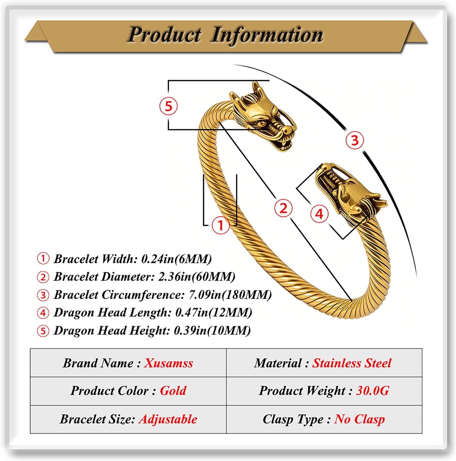 Xusamss Dragon Open Cuff Bracelet for Men, Stainless Steel Twisted Cable Bangle, Dragon Head Jewelry Classic Cable Bracelet, Fashion Mens Bangle Bracelet