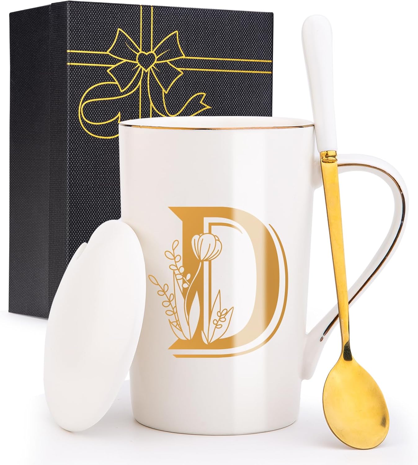 Jmugmt Letter D Personalized Initial Mugs with Flower, Letter D Personalized Coffee Mug, Customized Cool Letters Mugs for Women, Bridal Shower Gifts, Women's Initials Gifts Mug 14 OZ Matte White