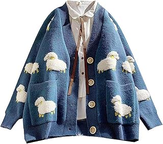 Women Long Sleeve Knit Loose Cardigan Cartoon Sheep V-Neck Button Sweater Open Front Knit Coat