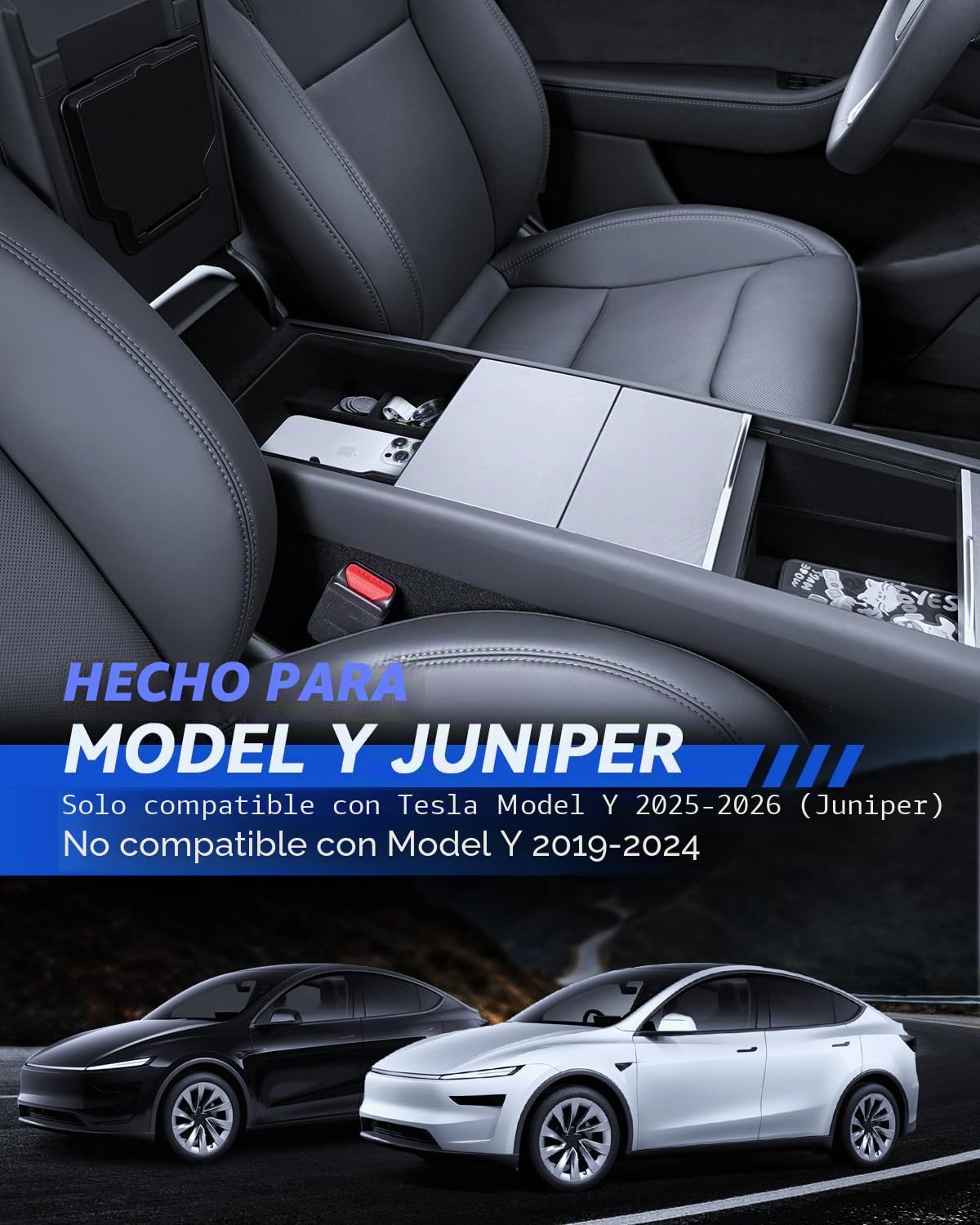 4 Piezas de Accesorios para Consola Central de Tesla Modelo Y 2025-2026 Juniper, Organizador de Silicona, Caja de Almacenamiento para Reposabrazos y Caja Oculta (Forrada)