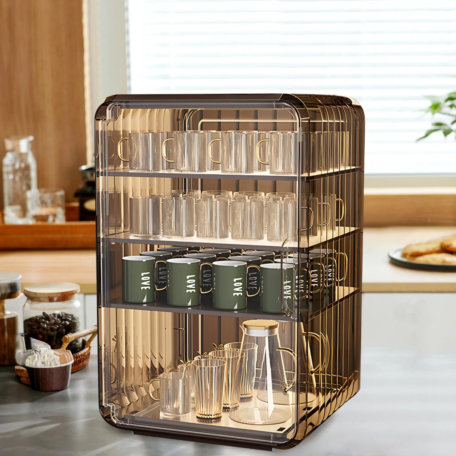 Stapelbarer Schreibtisch-Getränkehalter mit staubdichten Regalen, verstellbares transparentes Design für Büro & Wohnzimmer
