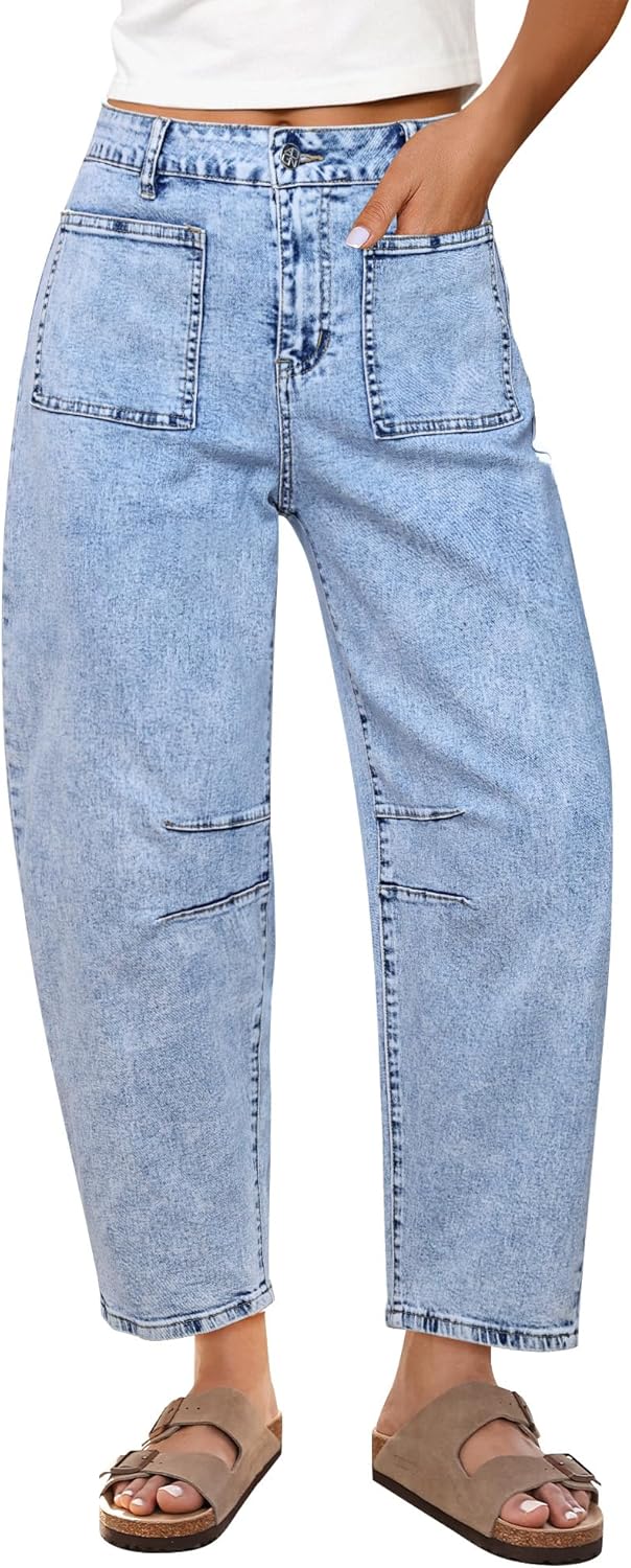 GRAPENT Barrel Jeans for Women Trendy Cropped High Waisted Patch Pocket Baggy Stretch Denim Pants Casual Wide Leg Jeans