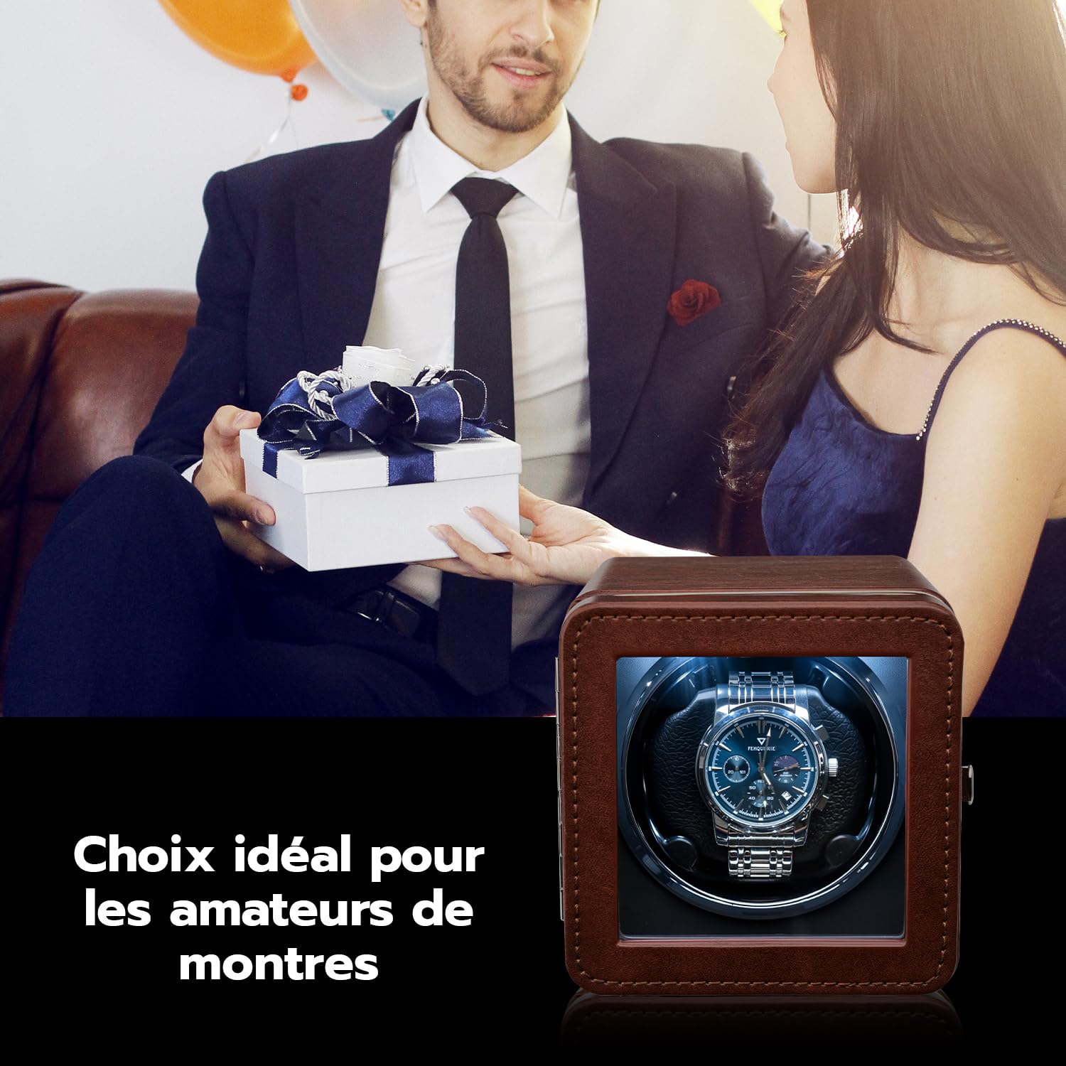 Mcbazel Remontoir 1 Montre Automatique - Moteur Ultra Silencieux avec Lumière LED, 4 Modes de Rotation, Boîte en Cuir PU, Affichage à 90° pour Montres Automatiques/Alimenté par USB – Marron