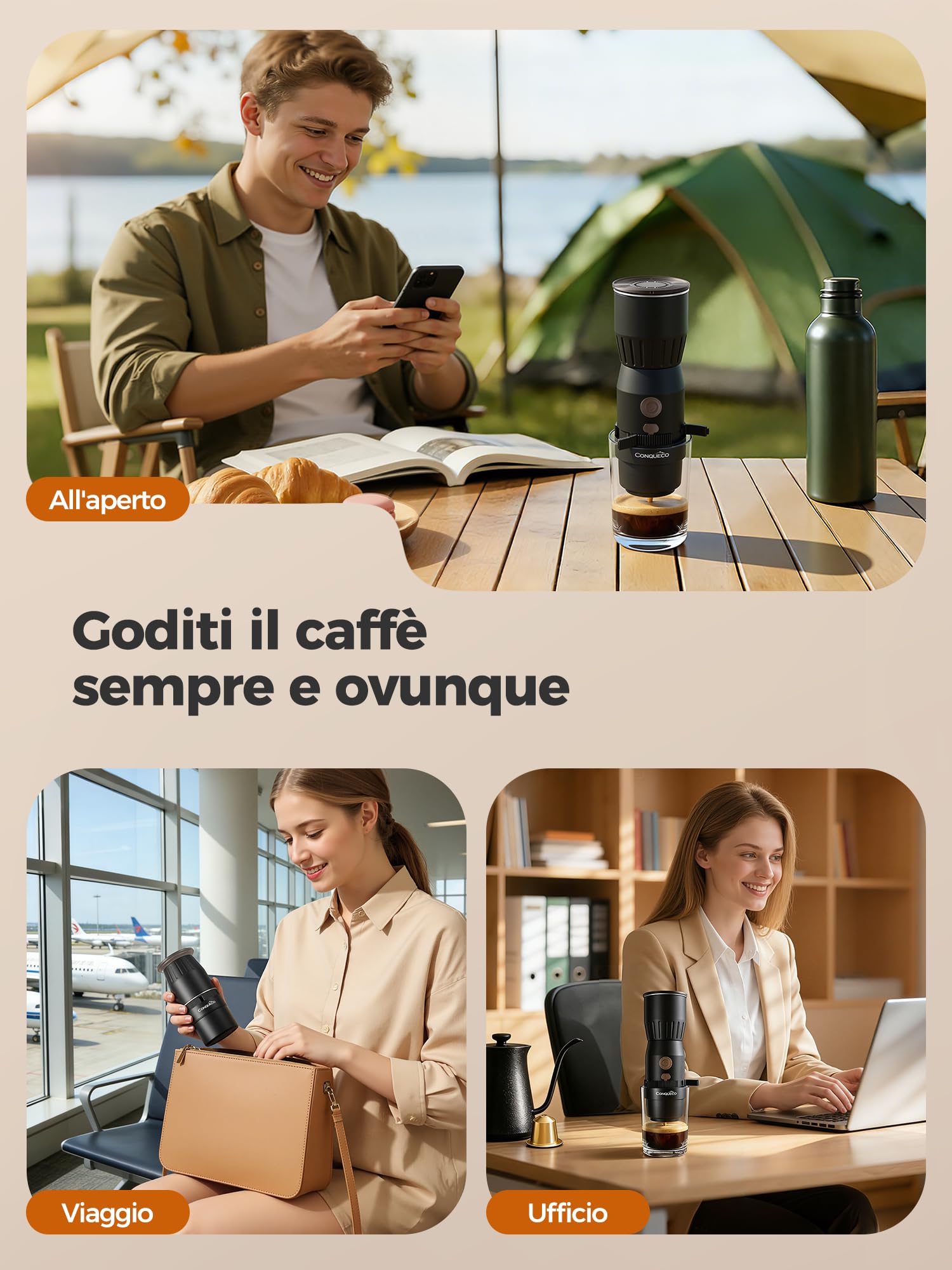 CONQUECO Macchina Caffè Portatile 2in1, 455g Ultraleggera Non Riscalda l’Acqua (Richiede Acqua Calda), Serbatoio 160ml, Cialde NS e Macinato, USB-C 250 Tazzine, 30s Estrazione, Per Campeggio e Viaggio