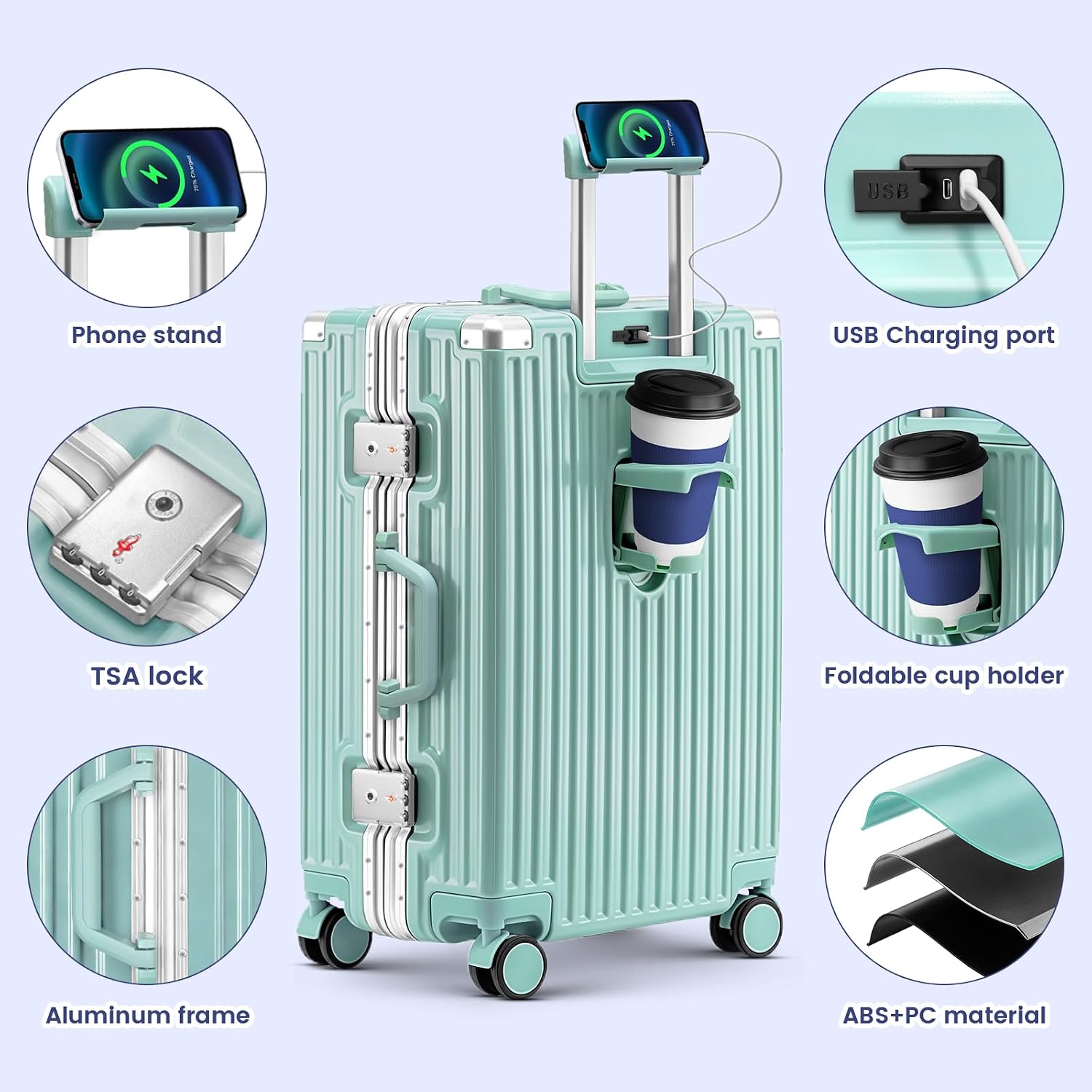 Carry On Luggage, 24 Inch Zipperless Luggage, Aluminum Frame Hardside Suitcase with TSA Lock, Spinner Wheels, Phone Holder, Charging Port, Cup Holder for Lightweight Travel, Mint Green