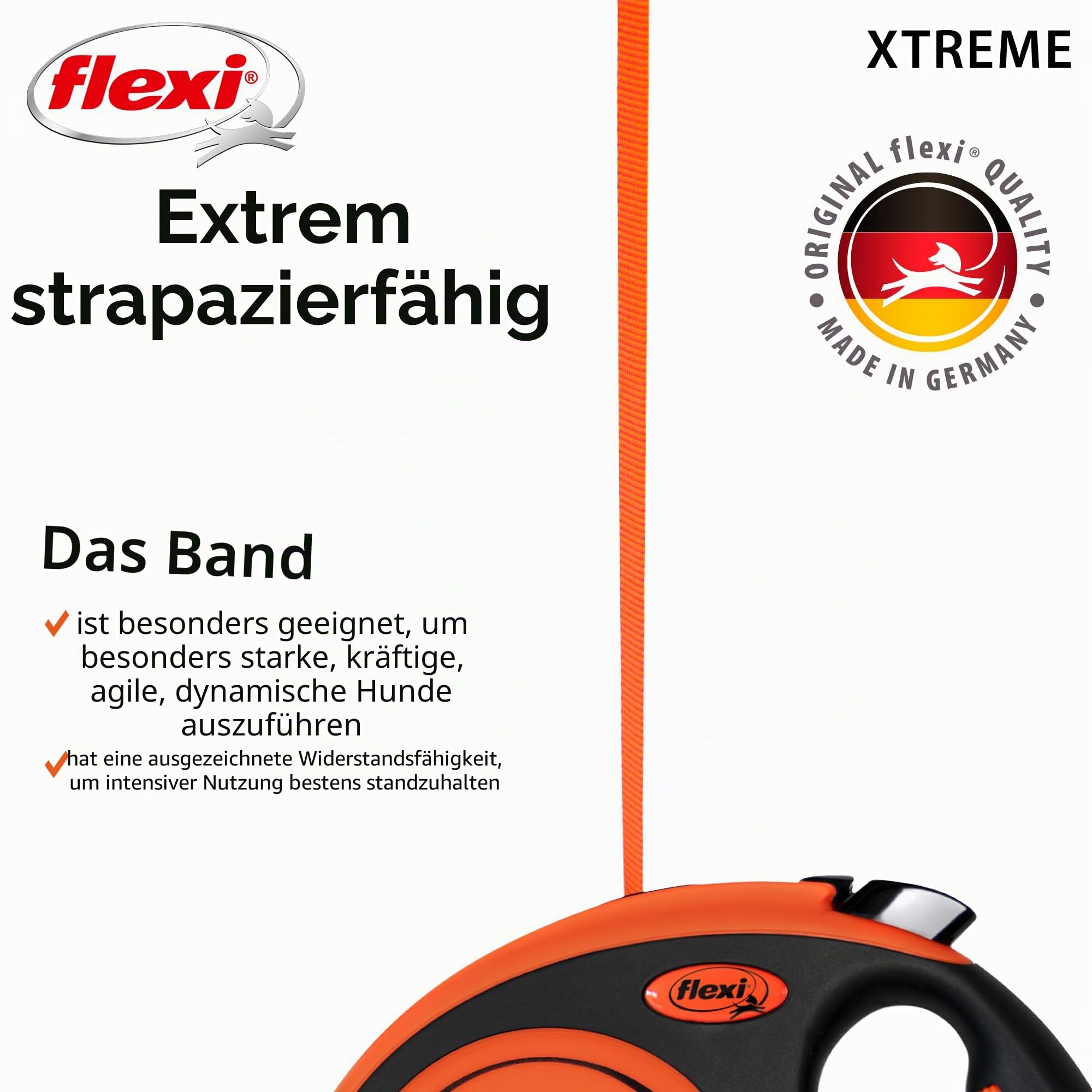 Flexi Xtreme L - Extra robuste einziehbare Leine mit 7,9 m extra starkem Band | Schutzgürtel mit reflektierenden Komponenten | Griffverstellung | Orange/Schwarz