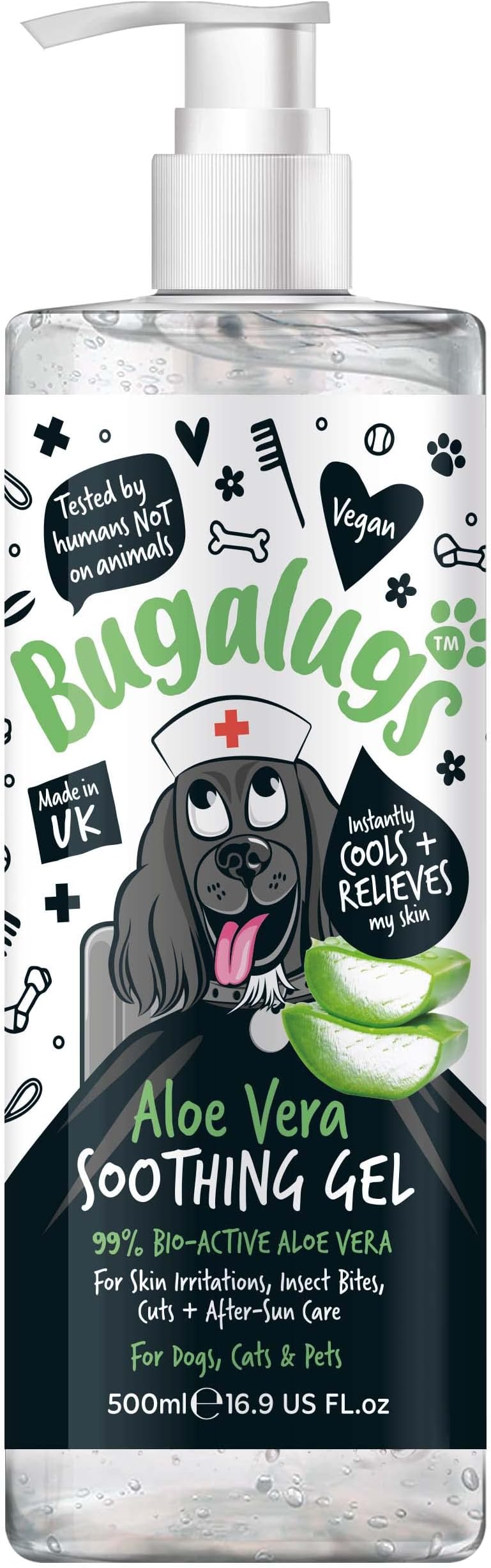 BUGALUGS Aloe Vera Gel for dogs & cats 500ml - soothing itchy dog skin relief, 99% pure bio active aloe vera is a great dog moisturiser for dry skin, stings, insect bites & after sun care for pets