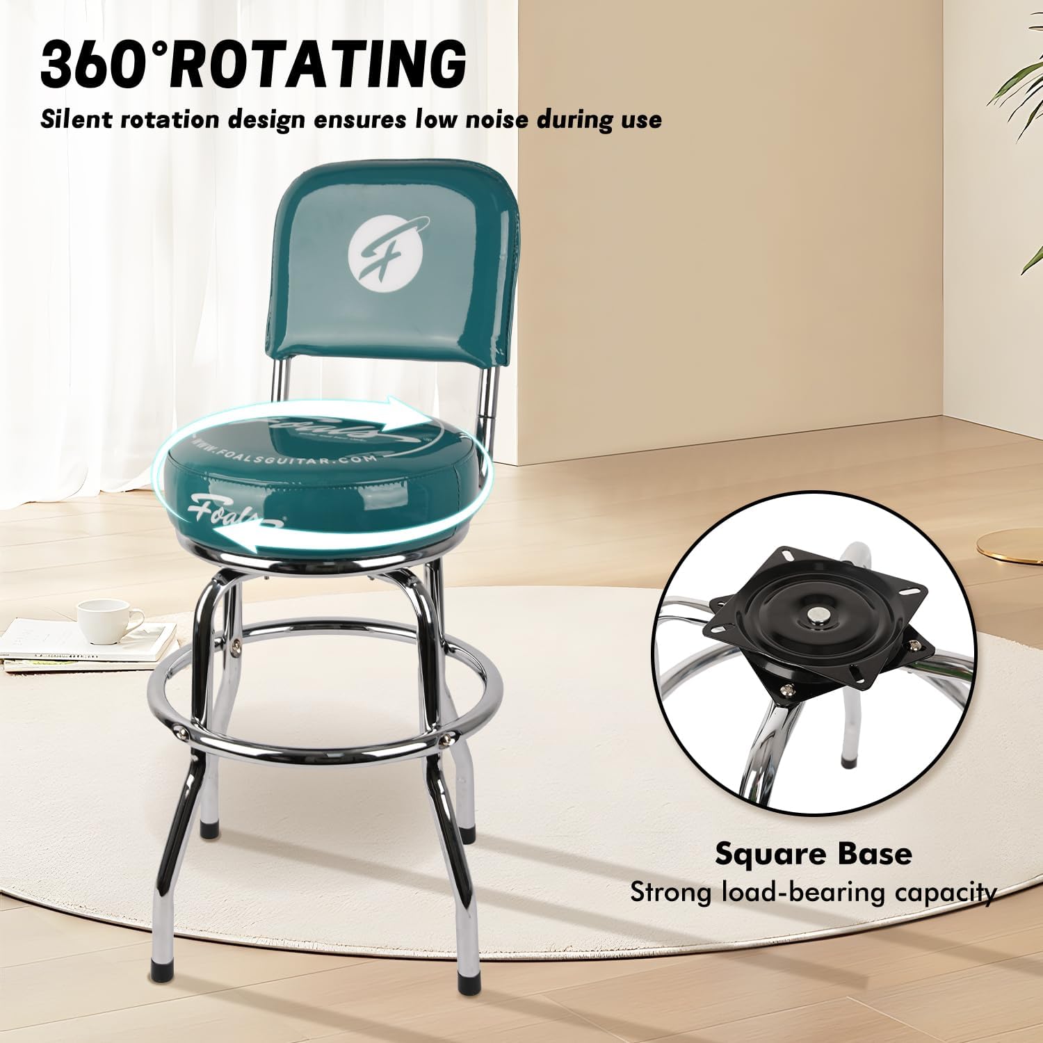 FOALS 24-Inch Guitar Stool, 360° Swivel Bar Stools with Ergonomic Backrest, PU Leather Padded Non-Slip Round Seat for Adults, FBS-24 (Green)