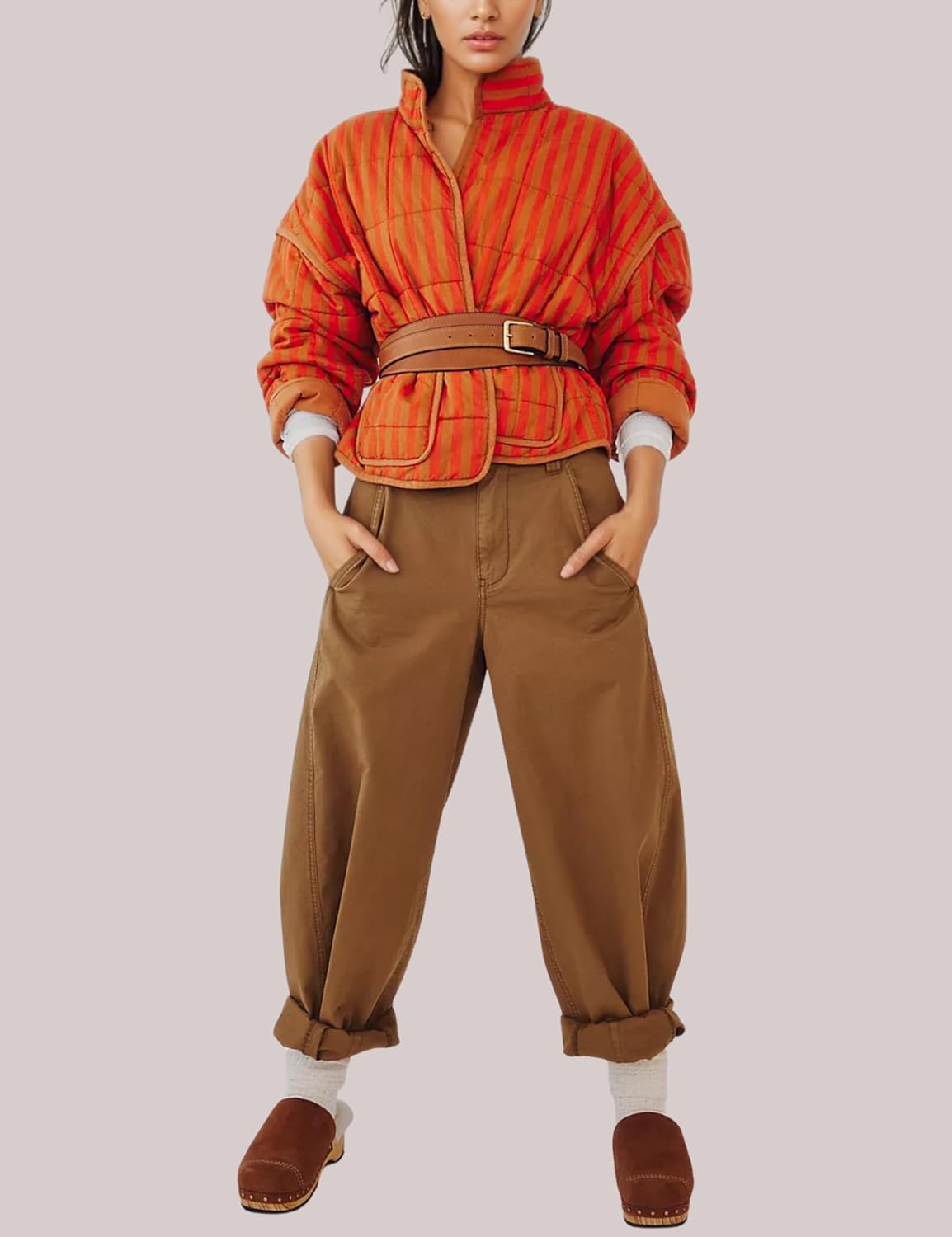 InterNos Womens Quilted Jacket Lightweight Winter Striped Stand Collar Padded Puffer Cardigan Coat with Pockets - Image 5