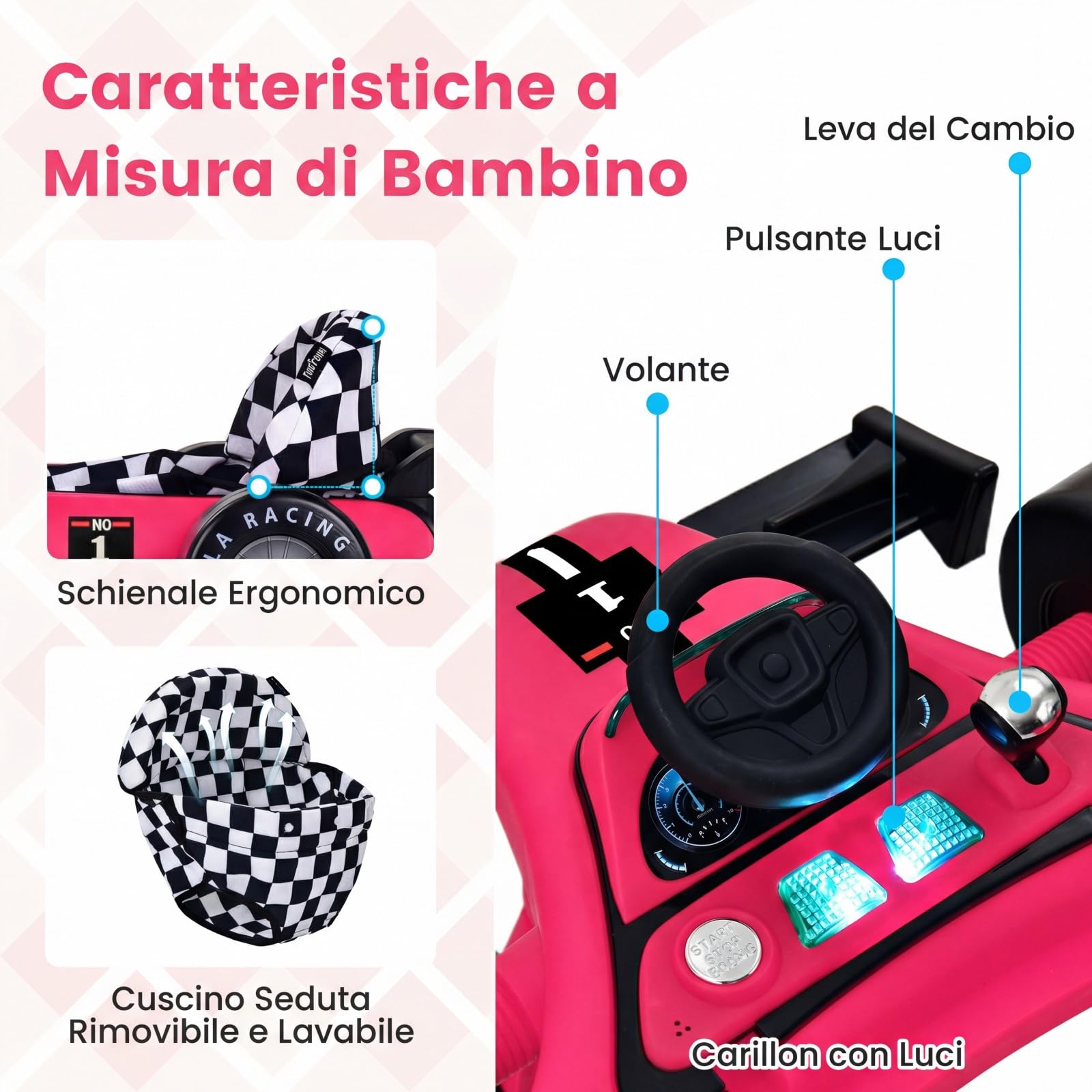 RELAX4LIFE Girello per Bambini 6 in 1 con Luci e Suoni, Vassoio Giocattolo Rimovibile, 2 Velocità Ruote e 3 Altezze Regolabili 50,5/53,5/55,5 cm, Portata 12 kg (ROSA SHOCKKING)