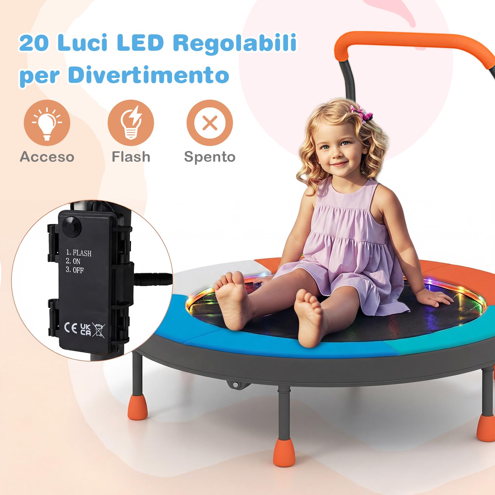 COSTWAY Trampolino per Bambini con Luci, Tappeto Elastico Pieghevole da Interno ed Esterno con Maniglia in Schiuma, Copertura Imbottita e Borsa, Trampolino per Bambini 3+ Anni