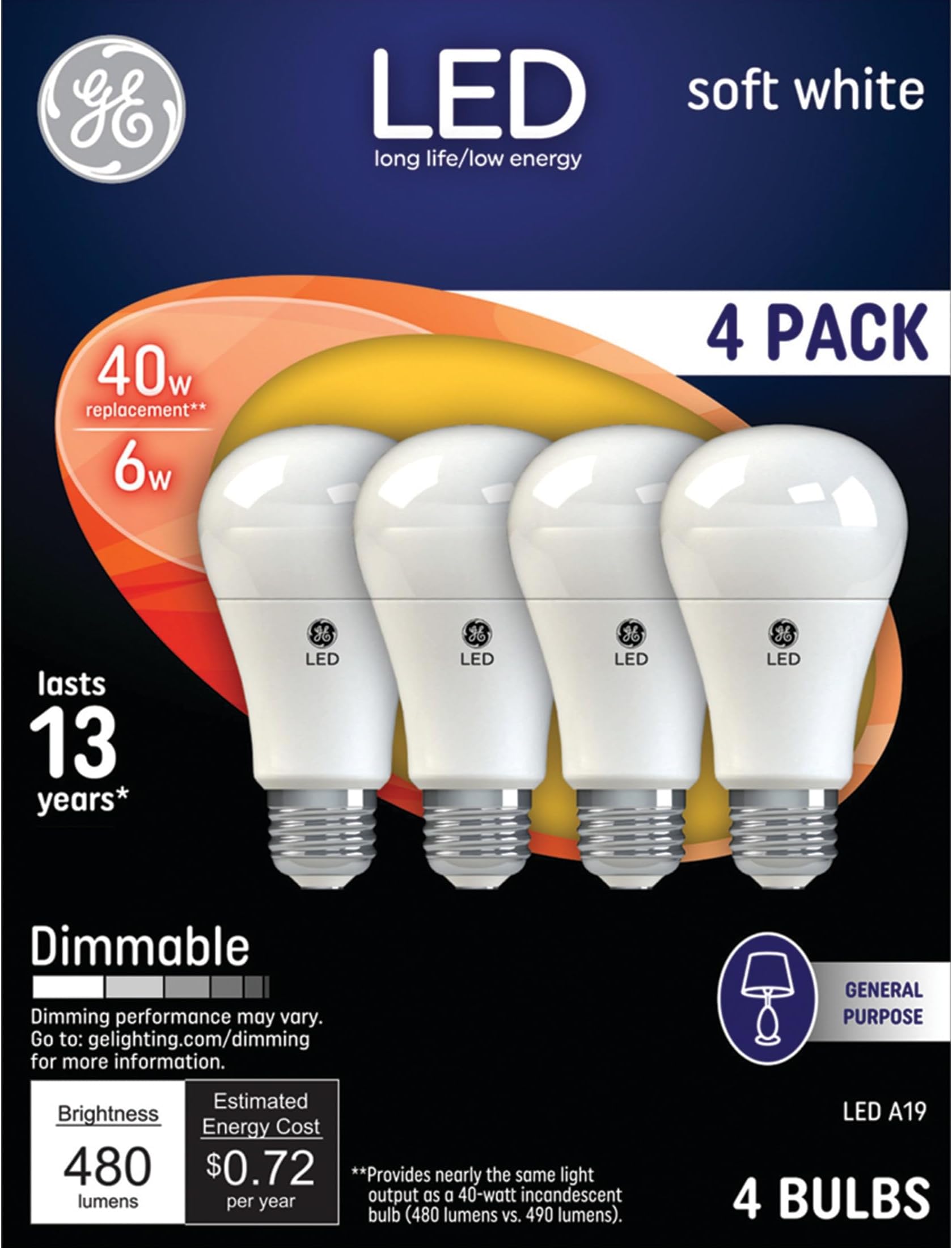 GE LED Light Bulbs, 40 Watt, Soft White, A19 (4 Pack)