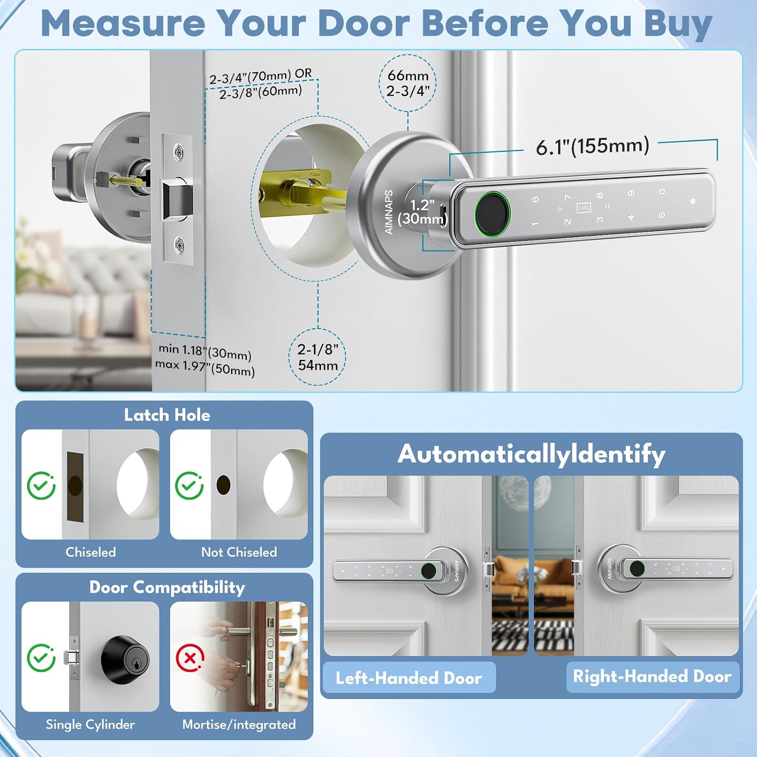 Fingerprint Door Lock, Door Locks for Bedroom, Keyless Entry Door Knob with Handle,Generate Passcode Remotely-Smart Door Lock for Apartment, Office (Silver 01) thumbnail