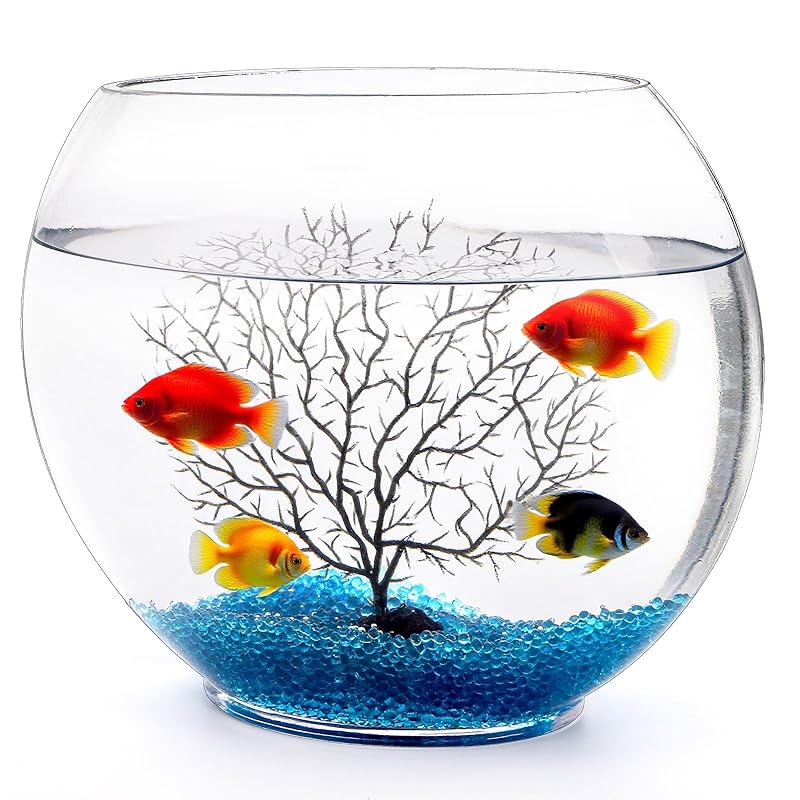 Aquário Globo de Vidro Oblongo Okllen para Peixe Betta com Pedras Azuis e Árvore Artificial, 3,79 L