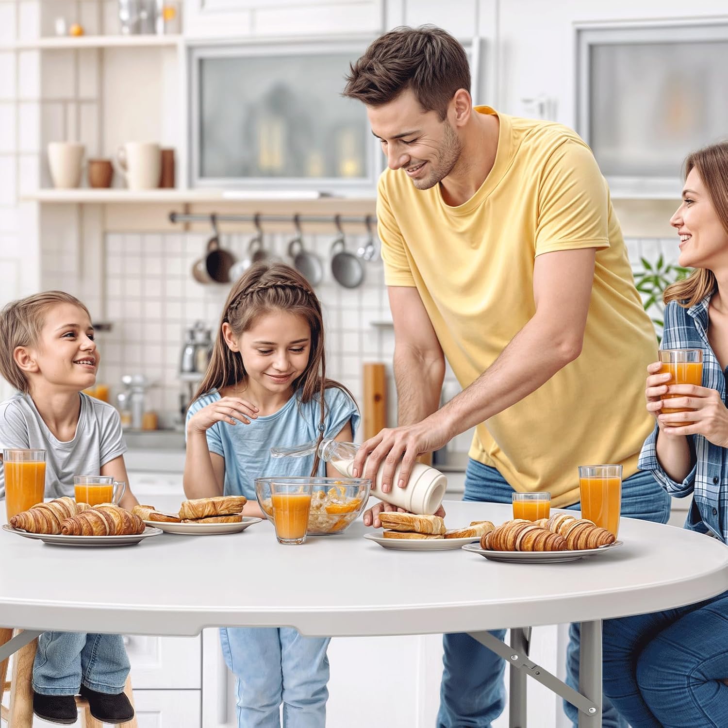 Magshion 60" Round Folding Table, 5 Feet Bi-Folding Plastic Commercial Dining Card Table w/Carrying Handle for Outdoor Wedding Party Event Picnic, White/Gray