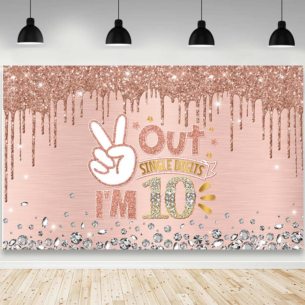 AIBIIN 10th Birthday Backdrop for Girl Rose Gold Out Single Digits I'm 10 Photography Background Happy 10th Birthday Party Decorations Banner Photo Booth Props 70.8 x 43.3 inch