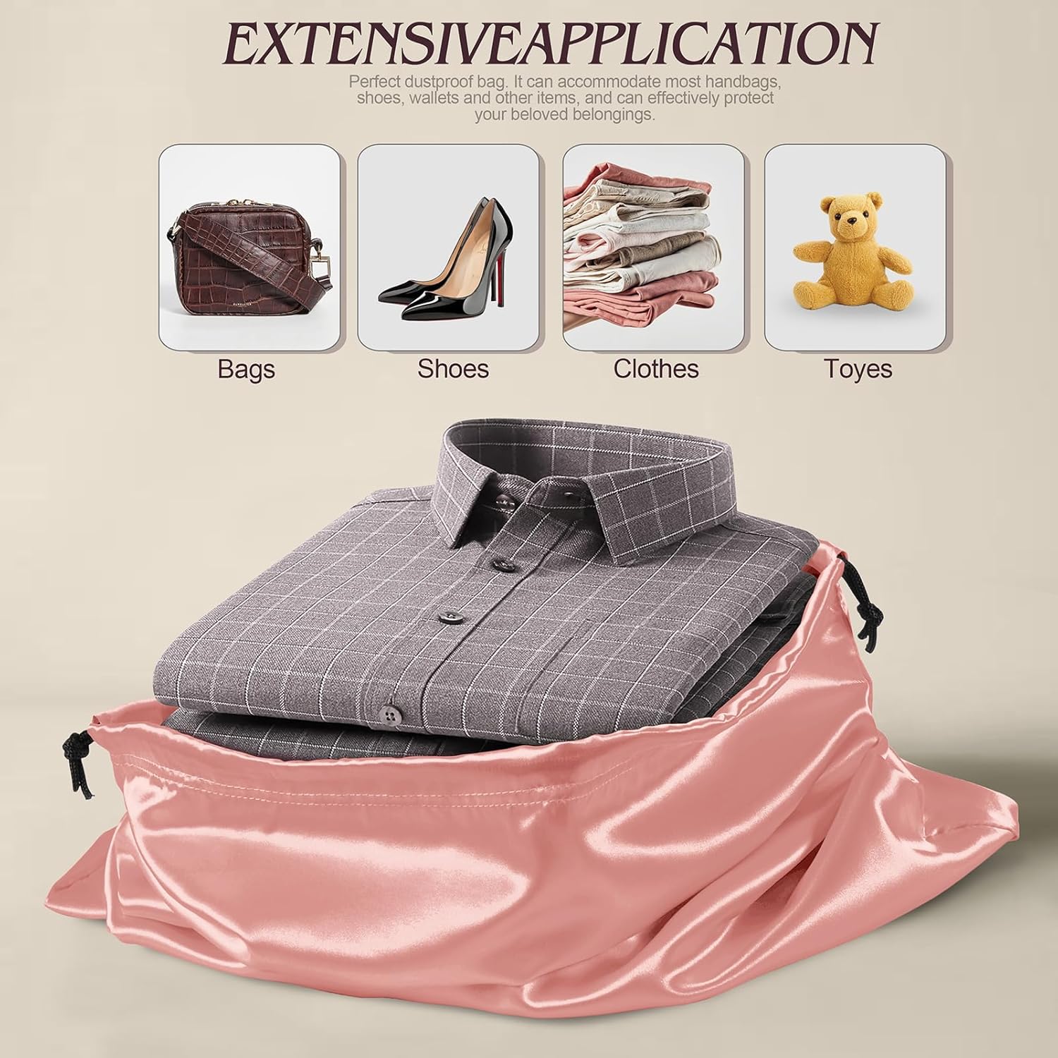 Manyshofu 7 Pack Satin Dust Bags for Handbags Storage, Silky Shoe Bag Rose Gold Drawstring Bags for Shoes & Purses - Silk Dust Cover Bag Dustproof Protector Travel Storage Pouch(19.6 x 15.7) - Image 4