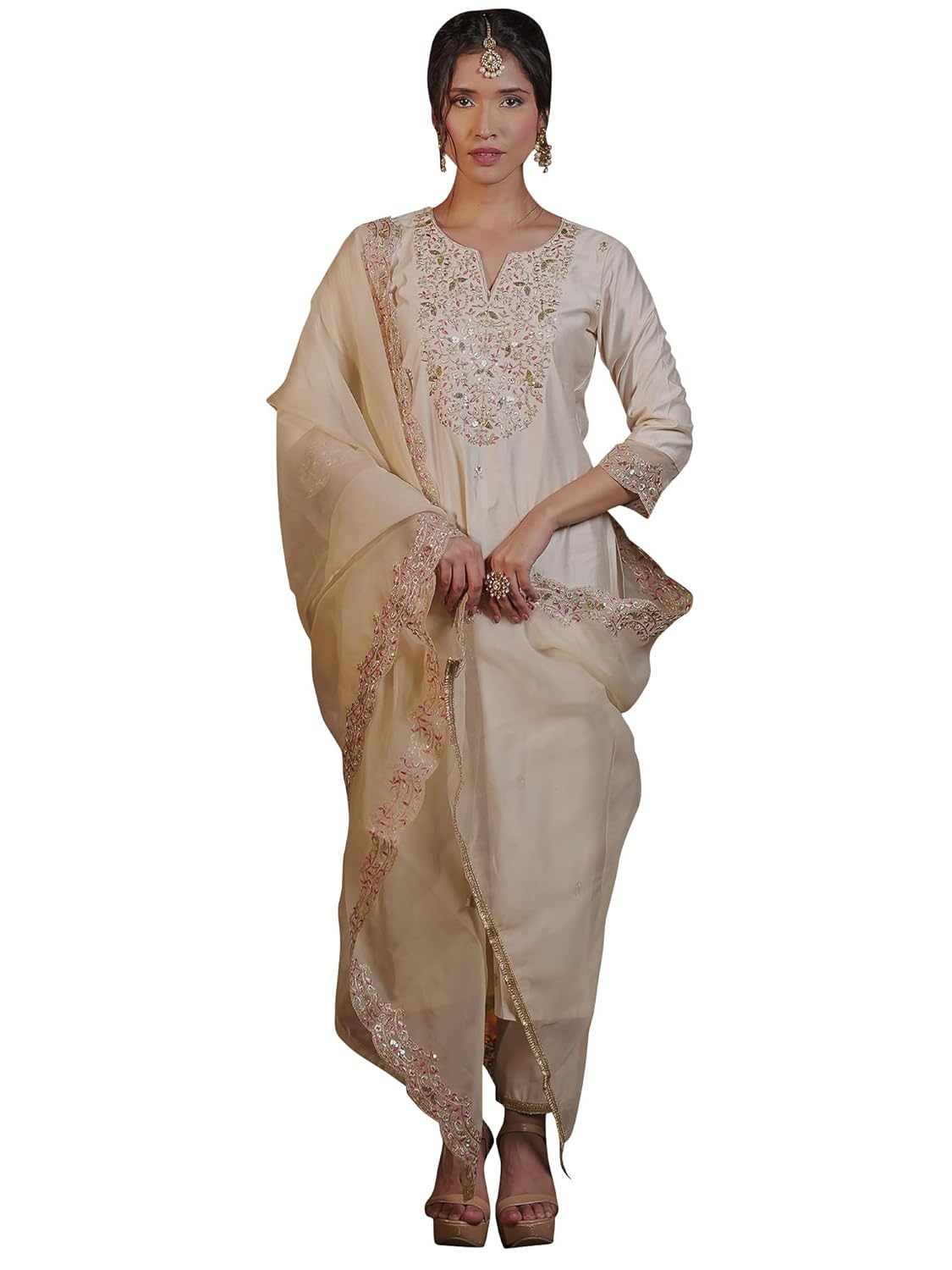 INDO ERA Womens Rayon Viscose Embroidered Straight Kurta Pant Dupatta Set