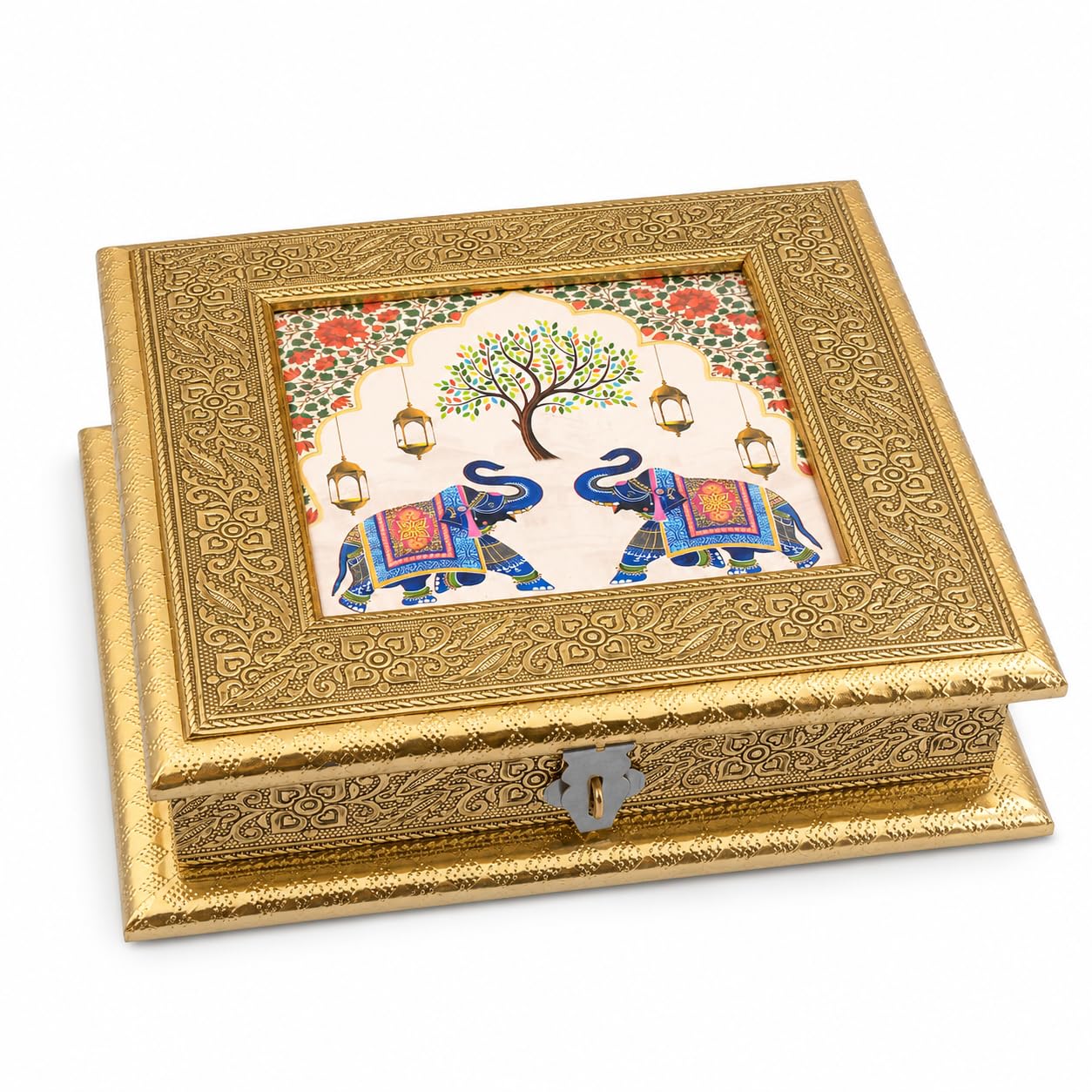 Decorative Wooden Multicolor Dry Fruit & Mukhwas Box with Oxidized Meenakari Work 20 x 20 x 4 cm | 4 Compartment Sweet & Storage Gift Box | Handmade Traditional Wedding, Festival & Housewarming Gift-image-12