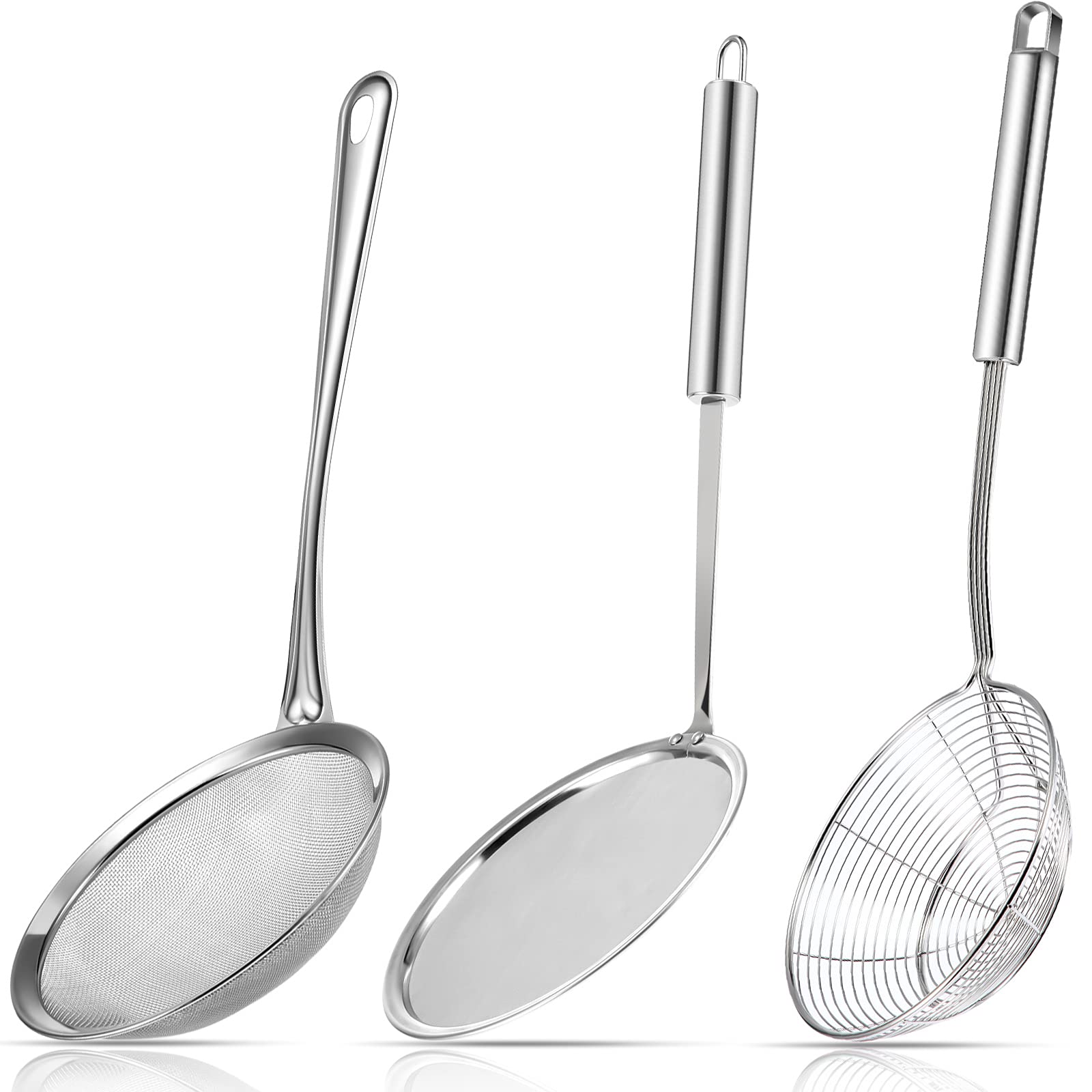 Shappy 3 Pieces Spider Strainer Skimmer Spoon Set, Stainless Steel Mesh Strainer with Handle Wire Mesh Colander, Hot Pot Fat Skimmer Spoon, Fine Mesh Food Strainer for Cooking, Skimming (5.5 Inch)