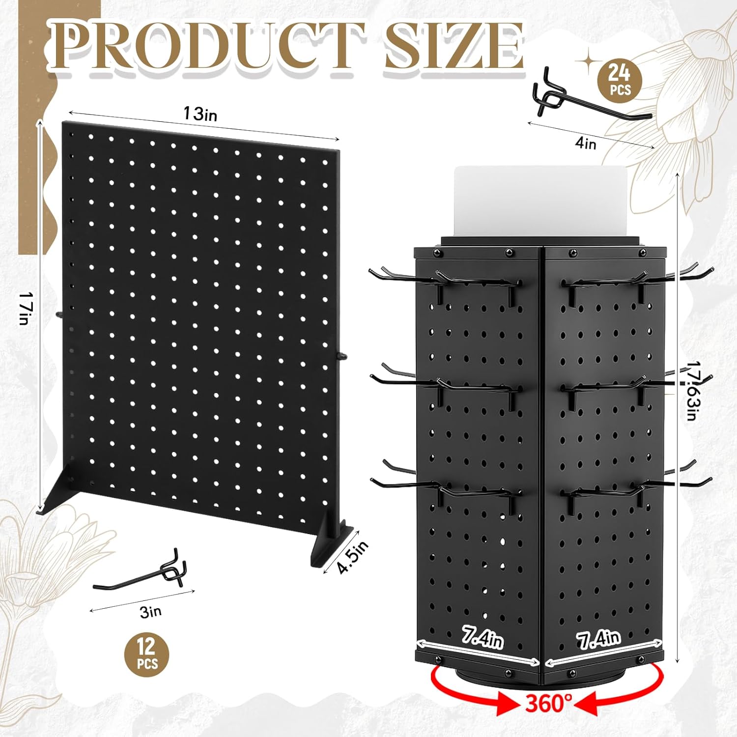 Weysat Pegboard Display Stand Set for Vendors, Rotating Pegboard Display Stand + Peg Board Rack with 36 Hooks, 360° Spinning Metal Jewelry for Craft Shows, Retail Markets, Keychains & Accessories