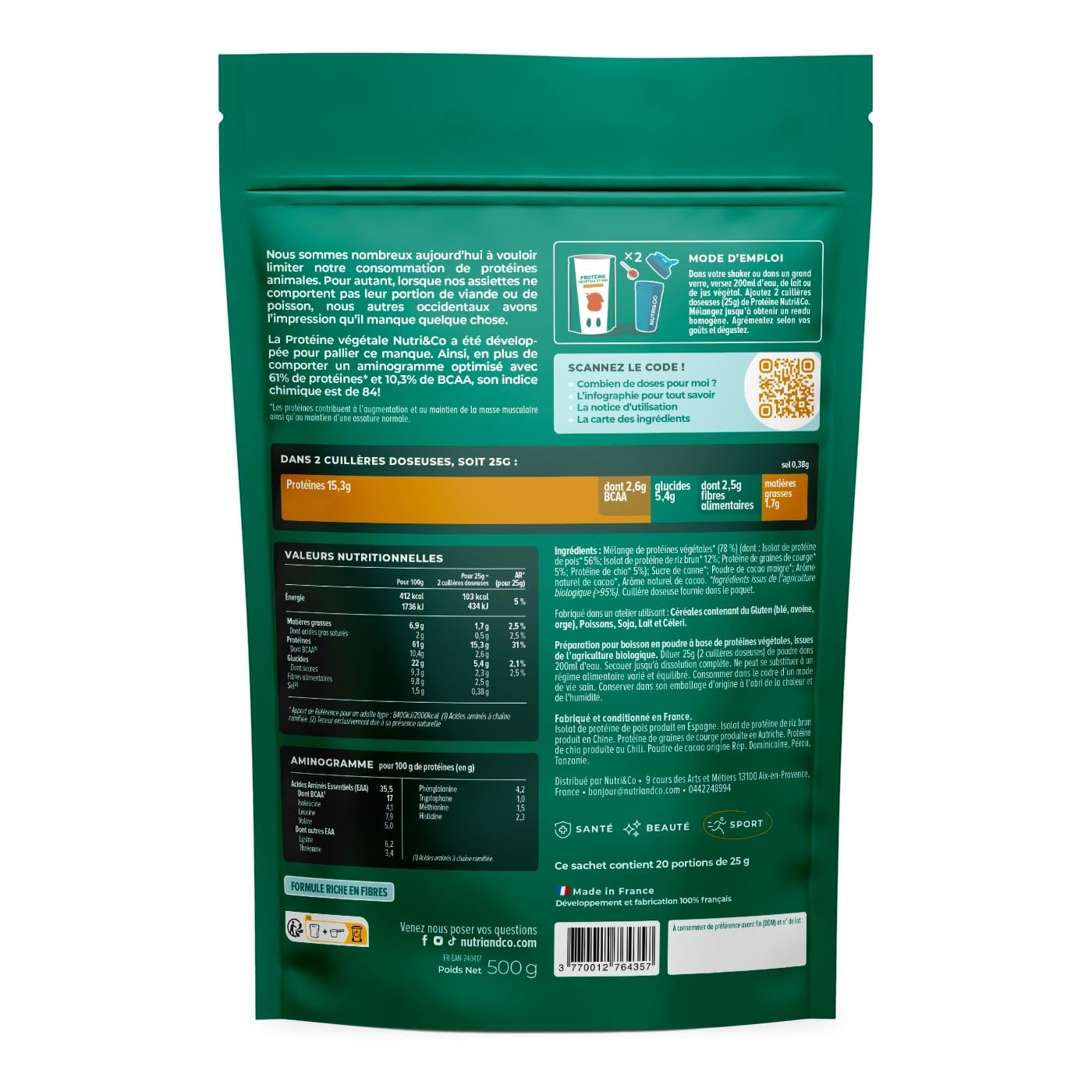 NUTRI & CO Protéines Vegétales BIO - 4 Sources : Pois, Riz, Chia & Courge - Riche en BCAA - Vegan Protein 100% naturelle - Goût Naturel Cacao 500g - Sans édulcorant ni additif - Fabriqué en France