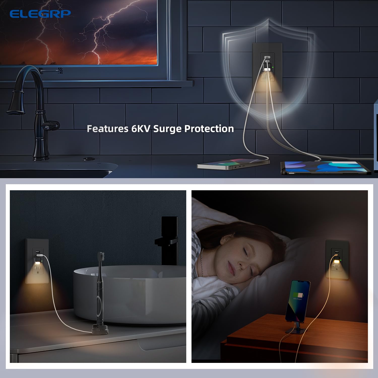 ELEGRP GFCI Outlet with USB Ports and Nightlight, 20 Amp Self-Test GFCI Combination with USB Ports, Tamper Resistant GFCI USB Outlet w/Nightlight, Wall Plate Included, UL Listed, Matte Black, 1 Pack
