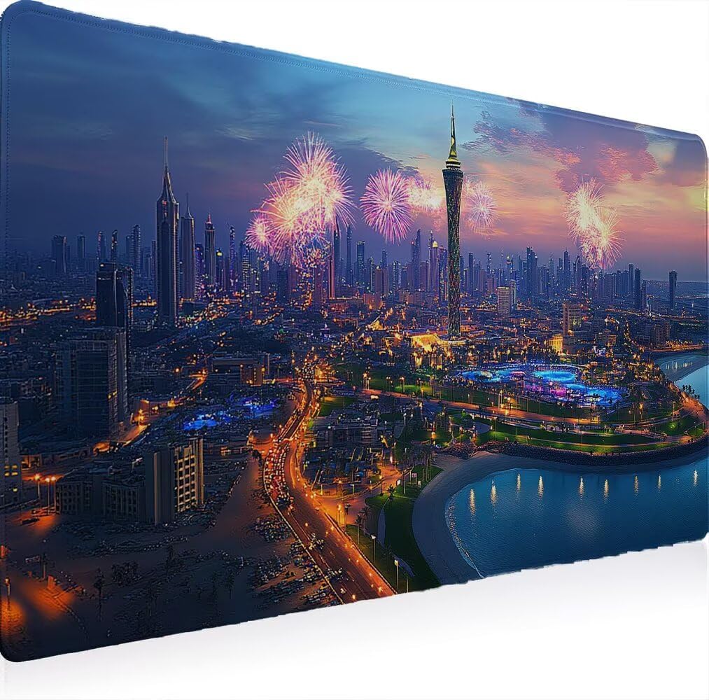 Mouse Mat Gaming Mouse Pad Mousepad 80 x 40 cm Extended Large Mousemat Ultra Thin Improves Speed and Accuracy, Non-Slip Rubber Base, Textured, Wear-Resistant, Washable, Office Fireworks City W0G1-1058