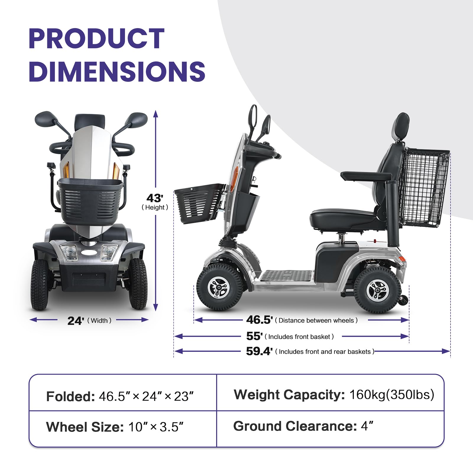 Mobility Scooters for Adults & Seniors, 4-Wheel Outdoor Electric Mobility Scooter, Powered Motorized Wheelchair Handicap Scooters, 350 lbs Capacity, 25 Miles Range (Grey)