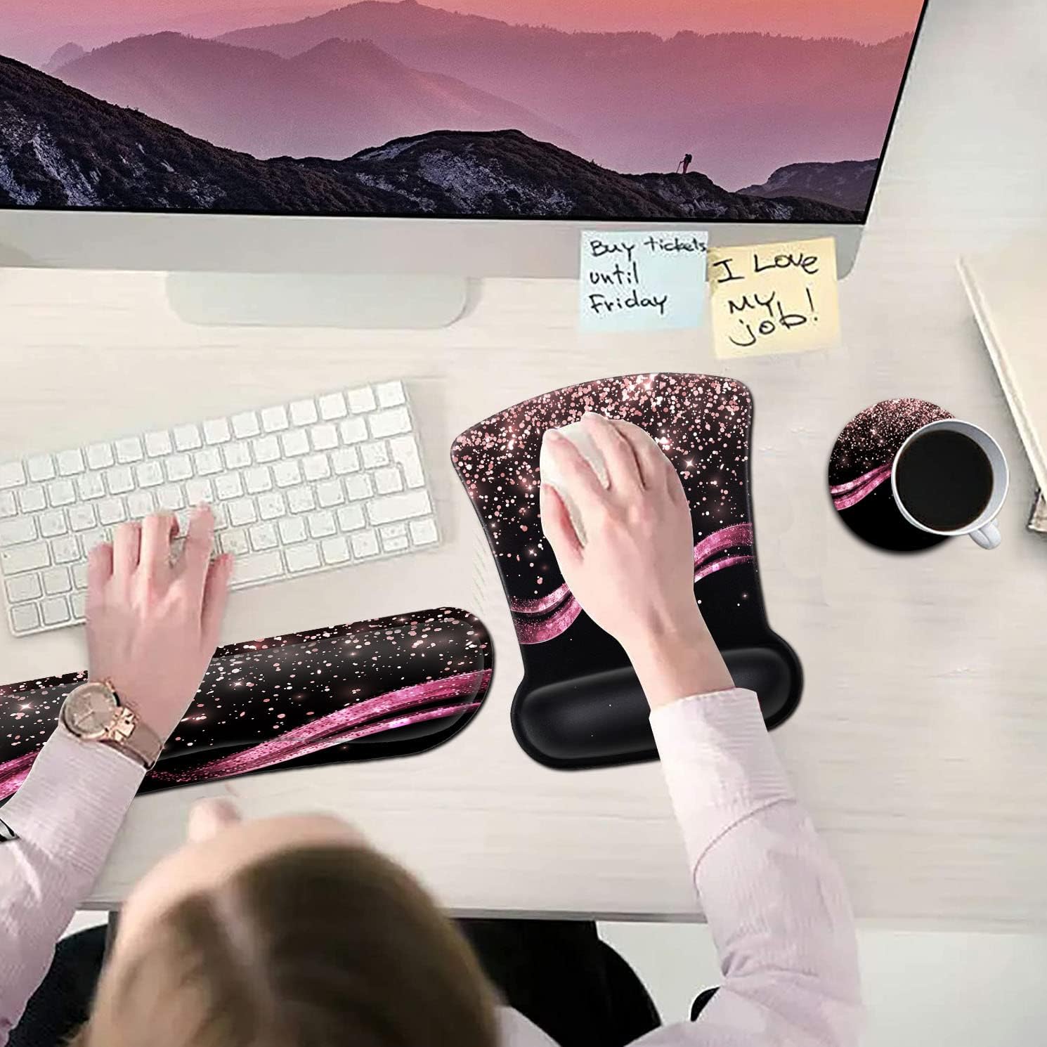 Ergonomic Mouse Pad and Keyboard Wrist Rest Set with Wrist Support and Nonslip Base Office Desk Pad Gel Wrist Easy Typing, for Laptop, Home,Working, Rose Gold Sparkle Pattern Black Gaming Mouse Mat