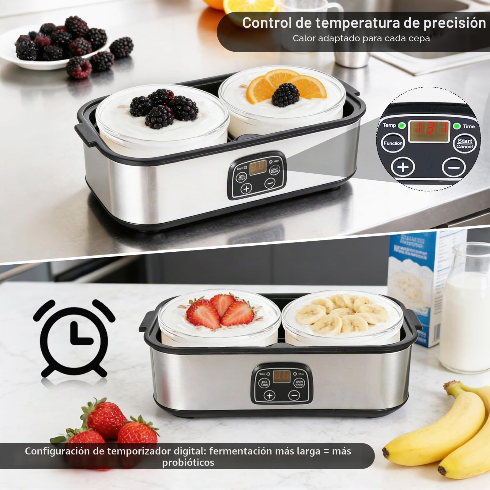 Yogurtera Digital 2 L, Máquina para Hacer Yogur con Tarros, Temperatura Constante de 20-55 °C, Yogurtera Automática para Yogur Casero, Queso y Natto en Casa (2 × 960 ml Tarros)