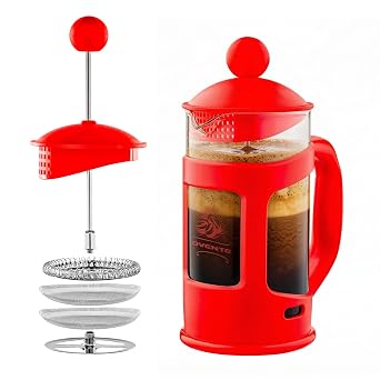 OVENTE French Press Coffee Maker 12oz with 4-Level Filtration, Red FPT12R
