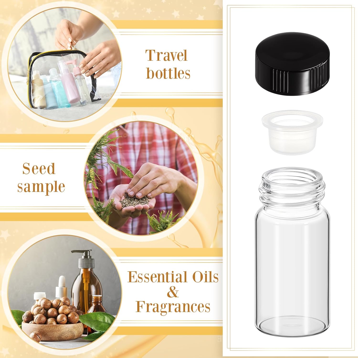 Lallisa 100 Pcs 20 ml Glass Vials with Screw Black Caps Plastic Stoppers, Leak-proof Clear Small Sample Vials Bulk for Essential Oils, Holy Water, Medical Specimens, DIY Crafts, Travel Containers