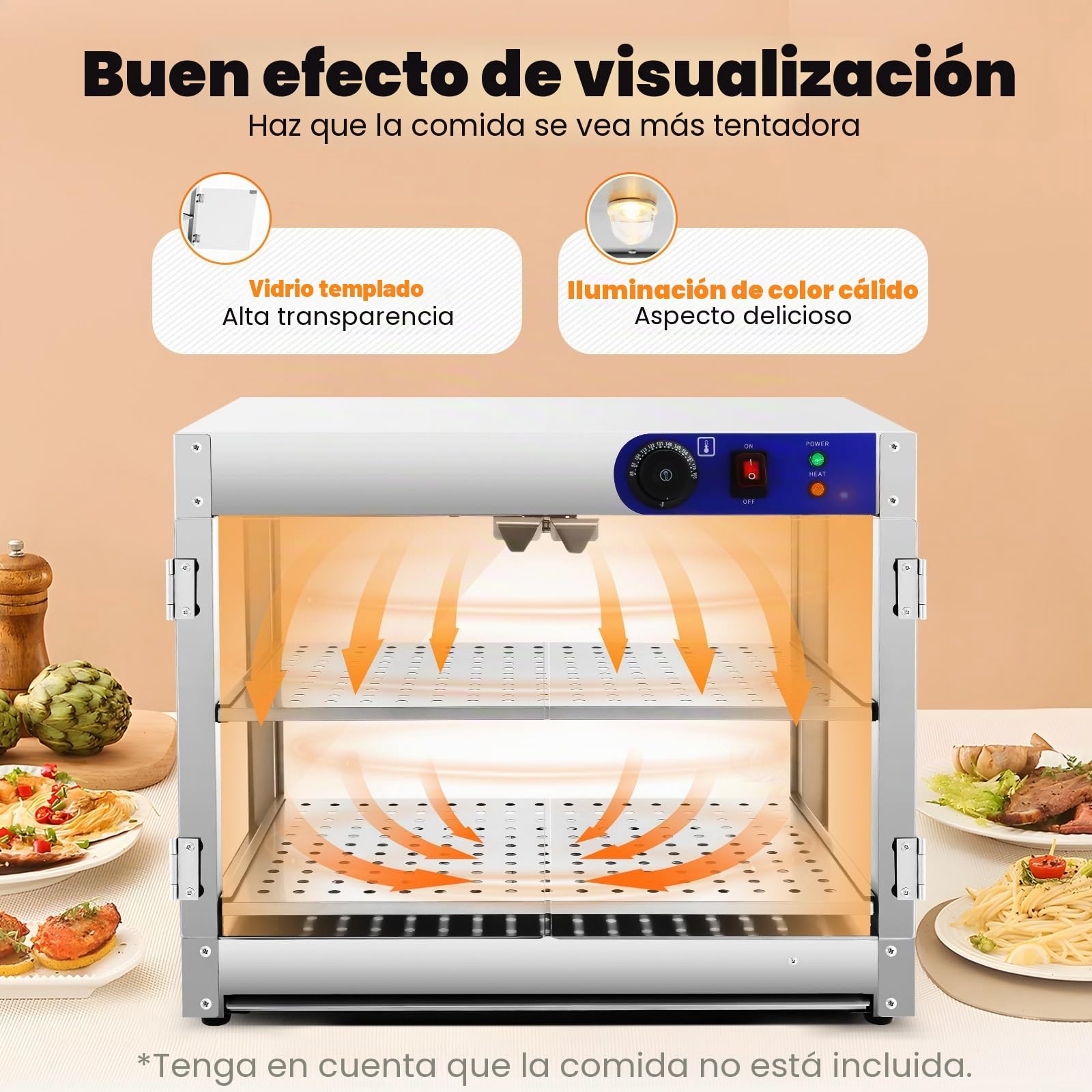 Vitrina de encimera, mostrador caliente, vitrina para mantener el calor, vitrina térmica de 30 – 85 °C, iluminación interior, estante de alambre de 2 niveles, con pinzas, cristal comercial