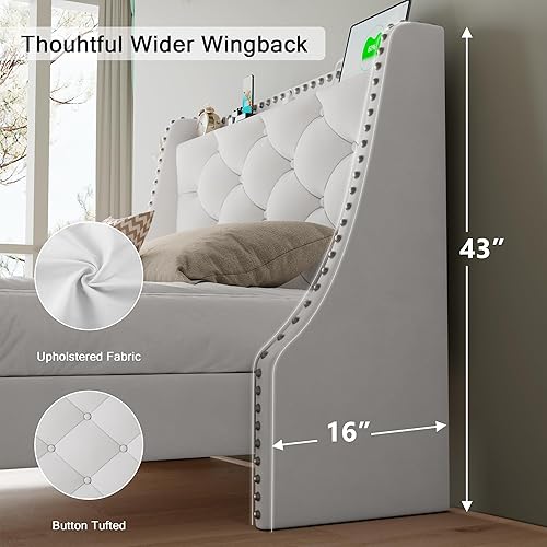 Miniatura 59 de Base de cama tamaño Queen con cabecero de almacenamiento capitoné con botones en la parte trasera y puertos tipo CA, plataforma tapizada, soporte de